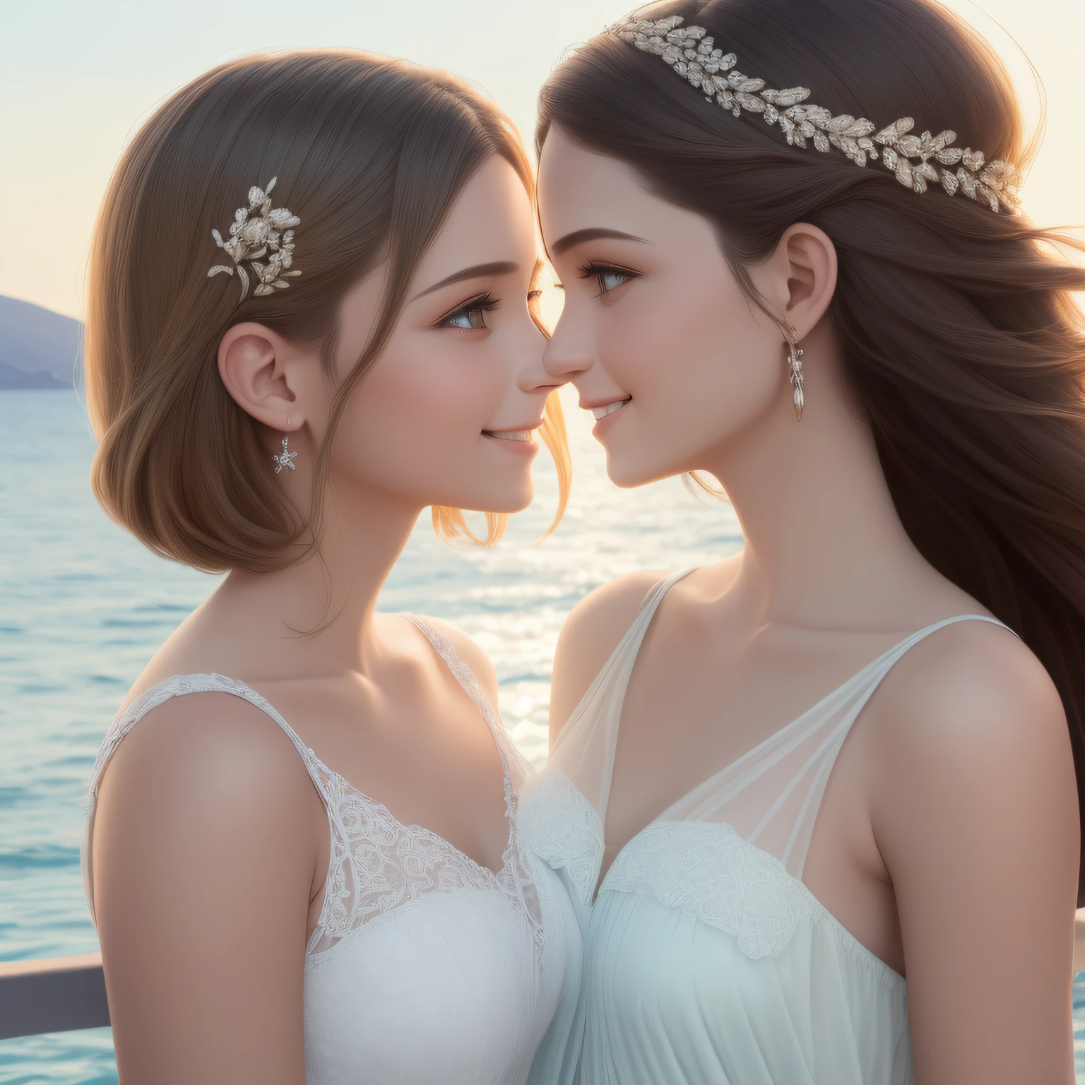atural light, top quality, masterpiece, illustration, very delicate and beautiful, highly detailed, CG, unity, 8k wallpaper, amazing, detailed, masterpiece, top quality, official art, highly detailed CG Unite 8k wallpaper, silly, incredibly silly, huge file size, super detailed, high resolution, highly detailed, beautiful detailed girls, highly detailed eyes and faces, beautiful detailed eyes, (RAW photos , best quality), (realistic, photorealistic: 1.3), light on face, masterpiece, best quality, full body,m(full body shot:1.3), portrait of 2 girls, russan and Greek, 16 and 24 years old, (detail face and eyes), (smile:1.2), blonde heir, (see-through summer dress with leace trimmed), (one dress is emeald green, another dress is white), (off-sholder), (they play sexual hanky-lanky:1.5), (looking face each other:1.2),(backgraund Aegean Sea side:1.5 )