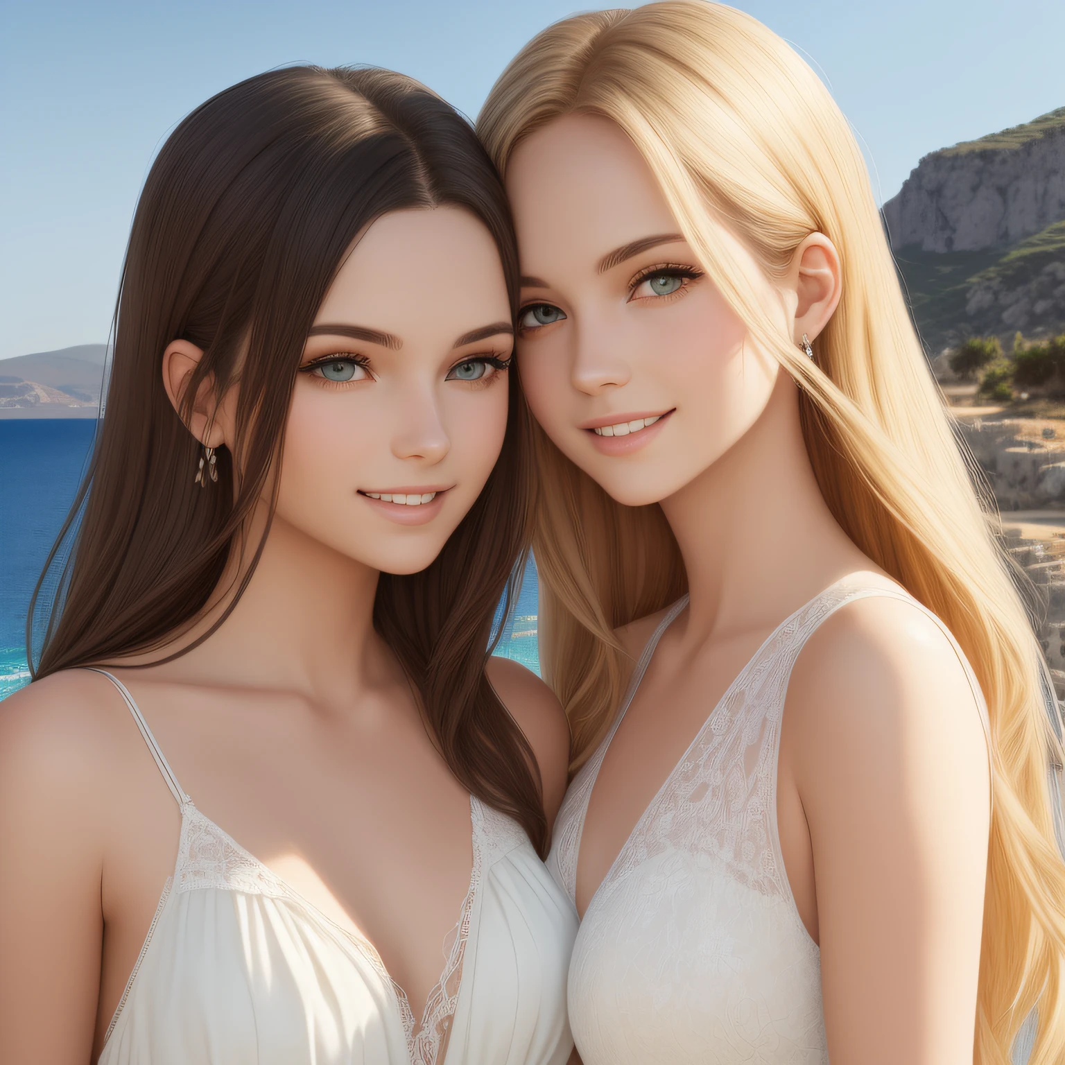 atural light, top quality, masterpiece, illustration, very delicate and beautiful, highly detailed, CG, unity, 8k wallpaper, amazing, detailed, masterpiece, top quality, official art, highly detailed CG Unite 8k wallpaper, silly, incredibly silly, huge file size, super detailed, high resolution, highly detailed, beautiful detailed girls, highly detailed eyes and faces, beautiful detailed eyes, (RAW photos , best quality), (realistic, photorealistic: 1.3), light on face, masterpiece, best quality, full body,m(full body shot:1.3), portrait of 2 girls, russan and Greek, 16 and 24 years old, (detail face and eyes), (smile:1.2), blonde heir, (see-through summer dress with leace trimmed), (one dress is emeald green, another dress is white), (off-sholder), (they play sexual hanky-lanky:1.5), (looking face each other:1.2),(backgraund Aegean Sea side:1.5 )