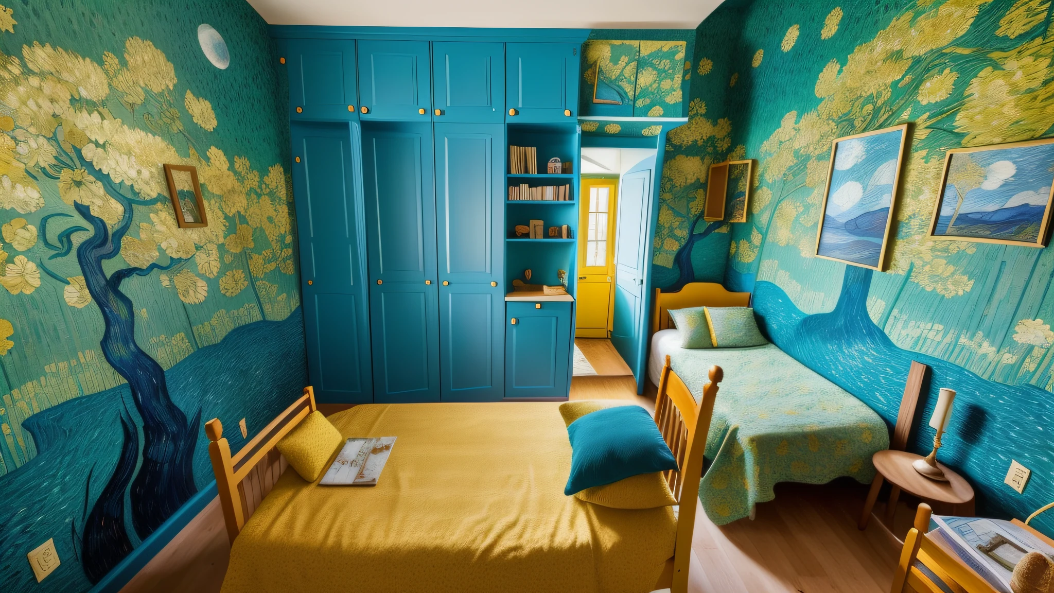 There is a bed with a blue duvet of a van gogh painting and yellow and blue pillows, notebook on top of the bed, background of personal room, van gogh style room, small and cozy student room, small room, inside a bedroom, iOS 3D room photography, small room, photorealistic room, bright room, interior of a small room, A living room, Van Gogh puzzle room, a sunny room