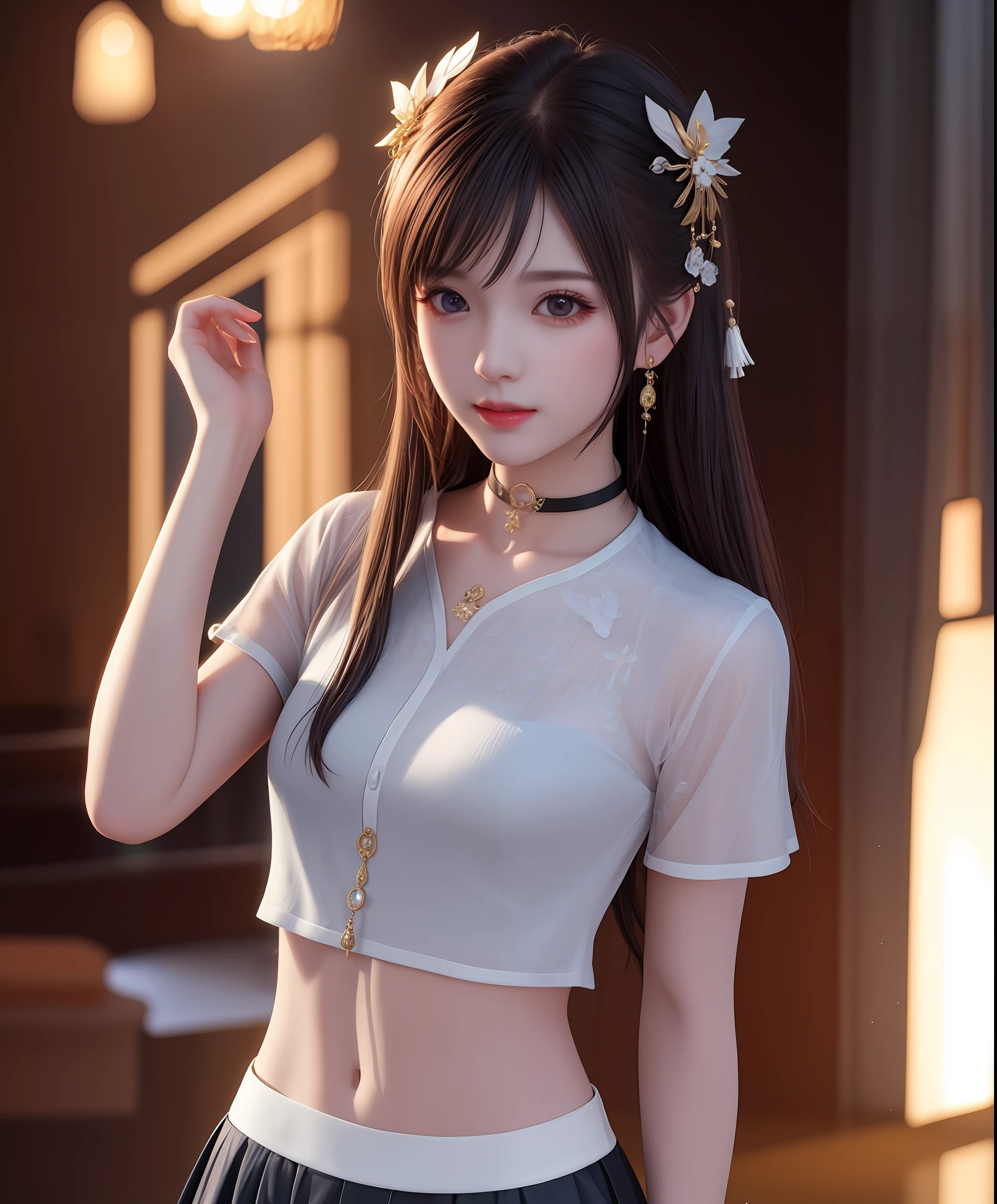 bestbestquality,master masterpiece,great resolution,1girl怀孕,Porcelain skirt,Hair Ornament,Choker,jewellery,Beautiful Face,Physically,Tindal Effect,PhotoRealistic,Dark Studio,edgelighting,two-tone lighting,(High detail skin:1.2),8k uhd, dslr, softlighting, high qualitt, Volumetric Light, Candid camera, photograph of a, great resolution, 4k, 8k, Background bokeh,