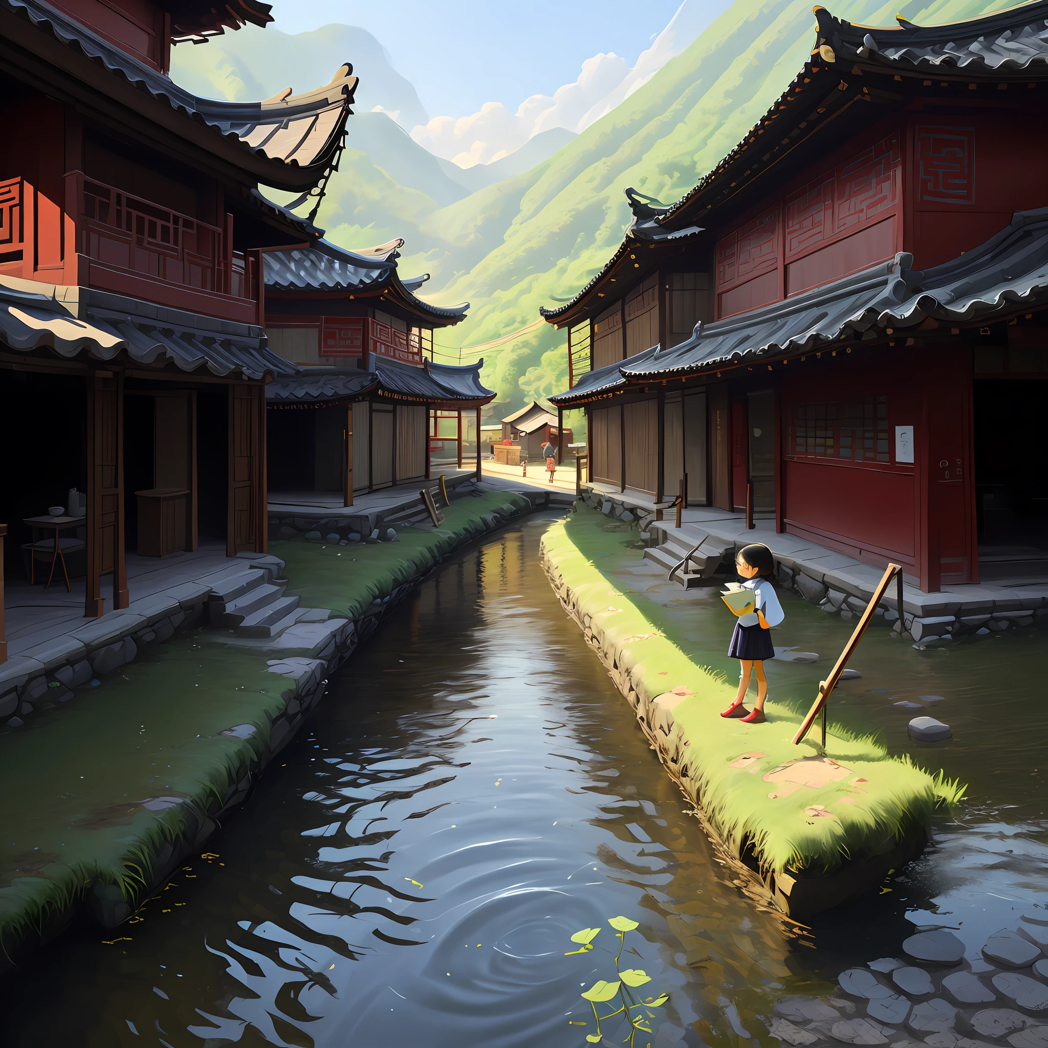 zhonggguo，yama，water,，Small village，SHU，Beautiful little girl，bestbestquality，master masterpiece:1.1