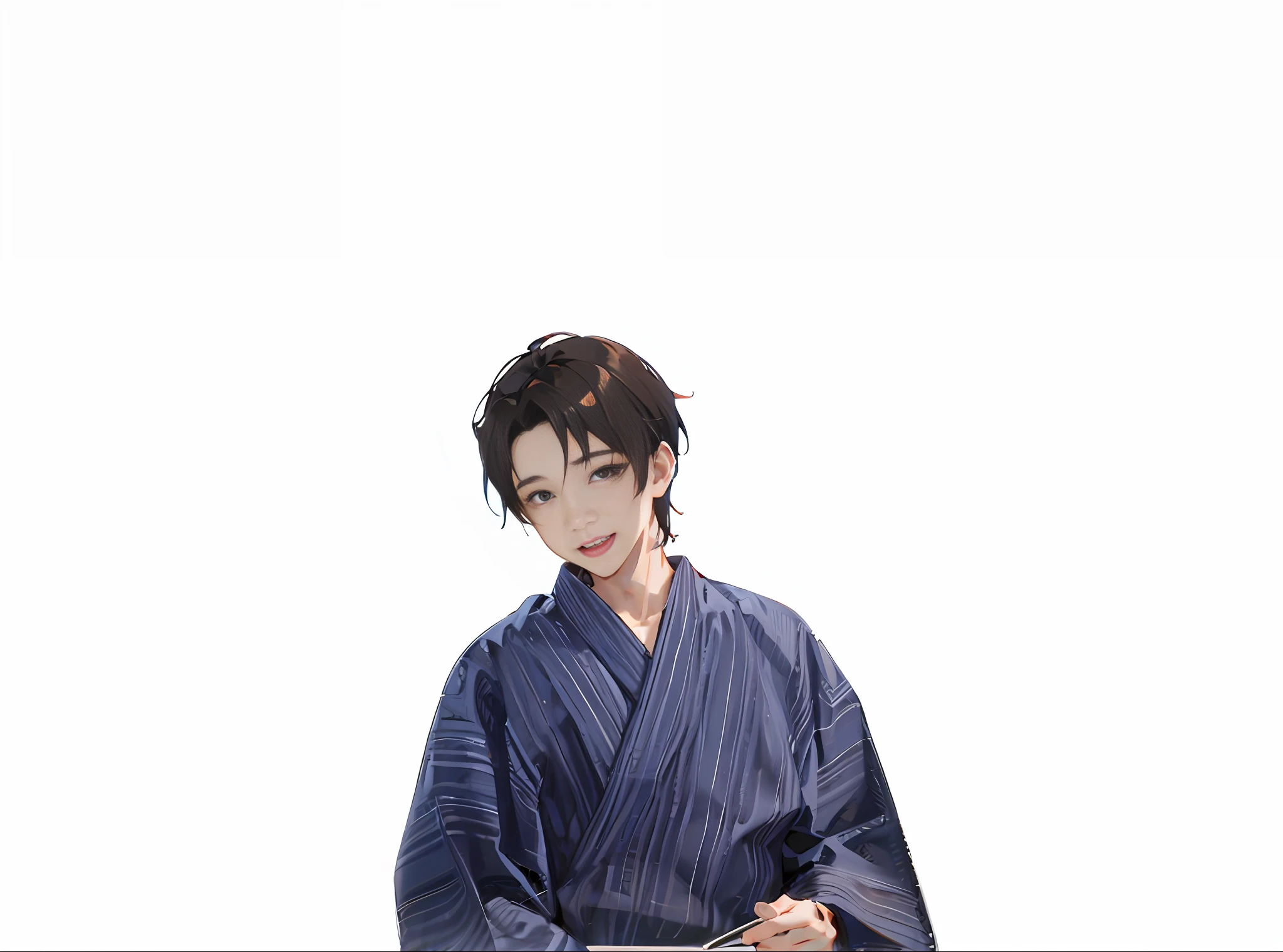 1boy,The most handsome man  , open forehead, dark short hair,Long sleeve、Camisa、yukata, dark brown eyes,  Smiling、 Watch your audience, male focus, -、、、、, solo、、、、、、、、、、、、、、、、、hair messy, Trending on ArtStation, 8k解像度, Highly detailed and anatomically correct, sharp image, Digital painting, Concept art, trending on pixiv, style of makoto shinkai,