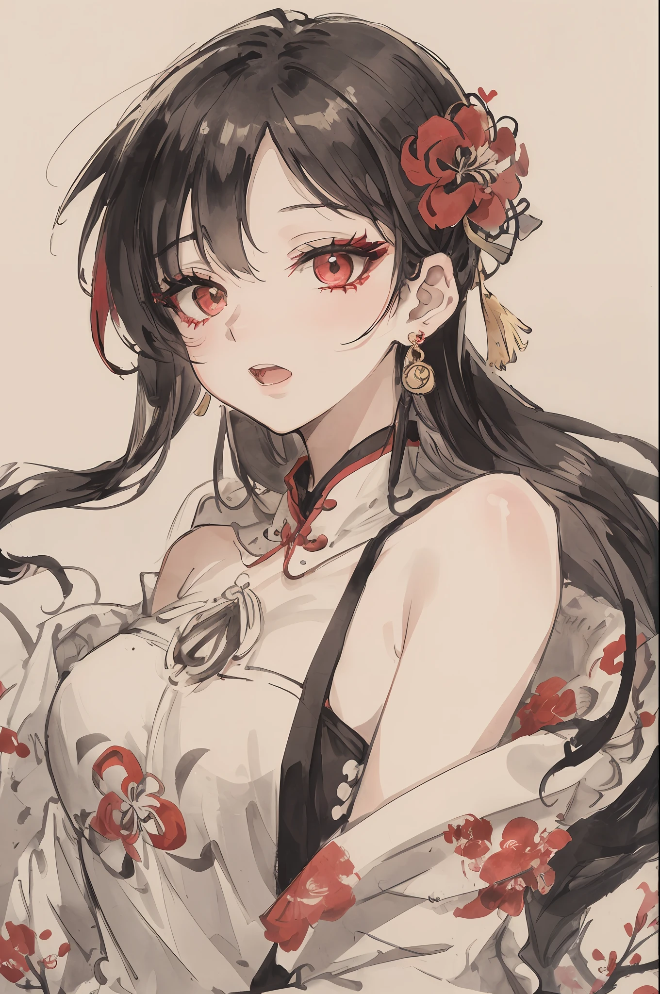 ((High resolution)), (Open Mouth), (Bust), (Top Quality), ((Super Fine)) (Super Fine CG)), ((8k_wallpaper)), Dynamic Angle, Floating, (Eyes with Beautiful Details), Very Delicate and Beautiful Girl, Upper Body, Ink Painting, (Chinese Style), Dark Eyes, Burning, Detail Light. from_low, (black hair), (red spider) lily: 1.33), aqua eye, (hair flower: 1.3), Bloom, single, starry sky, hair accessories, earrings, jewelry, messy hair, bare shoulders, half-closed eyes, bloom, (men), (Hanfu: 1.3), (Medium breasts): 1.2), (Eyeshadow, Red Eyeliner: 1.15), (Eyeshadow, Red Eyeliner: 1.15), (Eyeshadow, Red Eyeliner: 1.15), (Visible Eyes Through Hair: 1.2), (Solo Exhibition), Red Moon