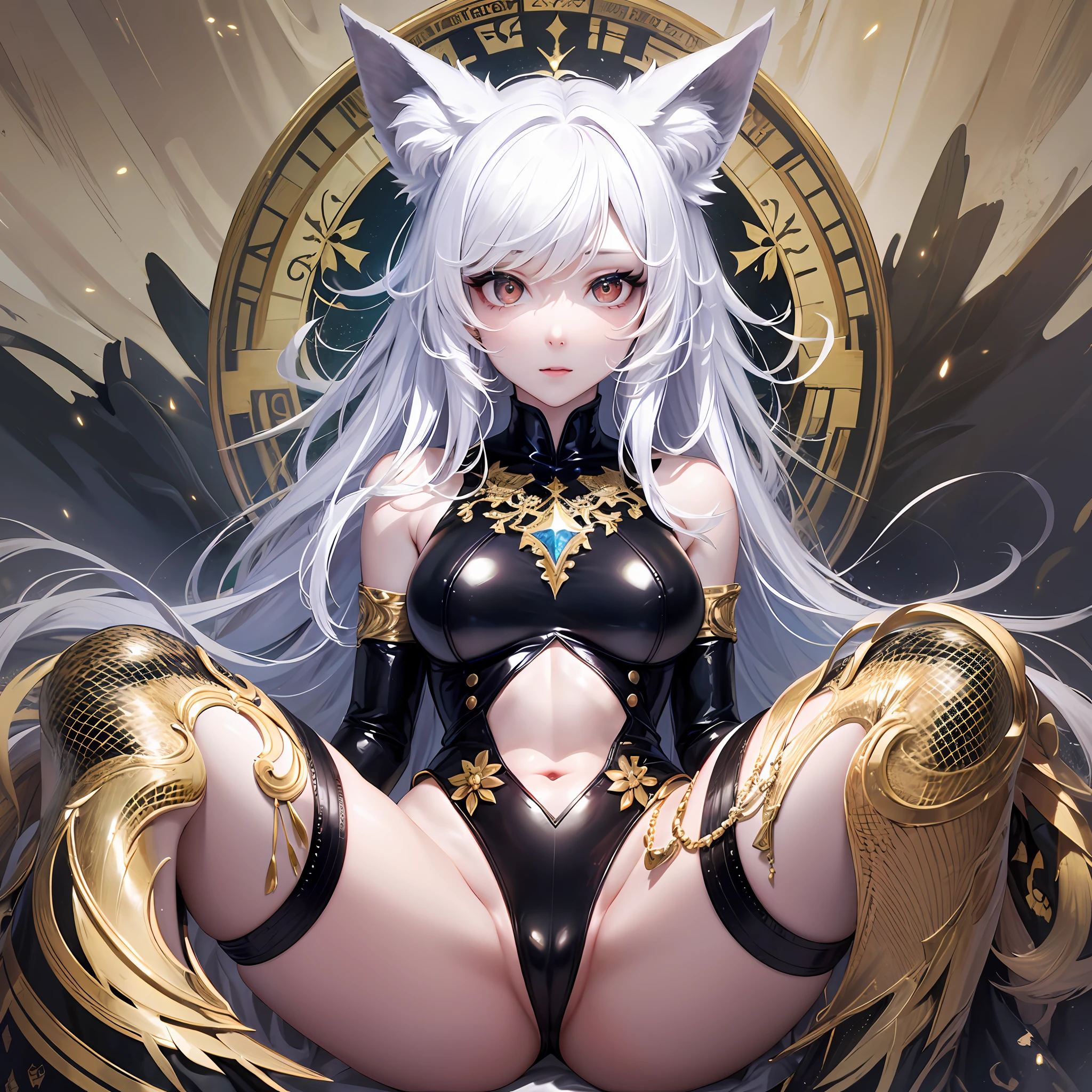 1人の獣女、pure white and very cute fox beast woman, sit open legs、black rubber suit, tattooed, white long wavy hair, sparkling gold big eyes, ABS, great proportions, full body Shot, background kaleidoscope, 、the anime、, illustration, FANTASY, portrait、、、, animification, Highres, beste Quality, very high image quality, Super Detailed, ultra Realistic, pfotorealistic