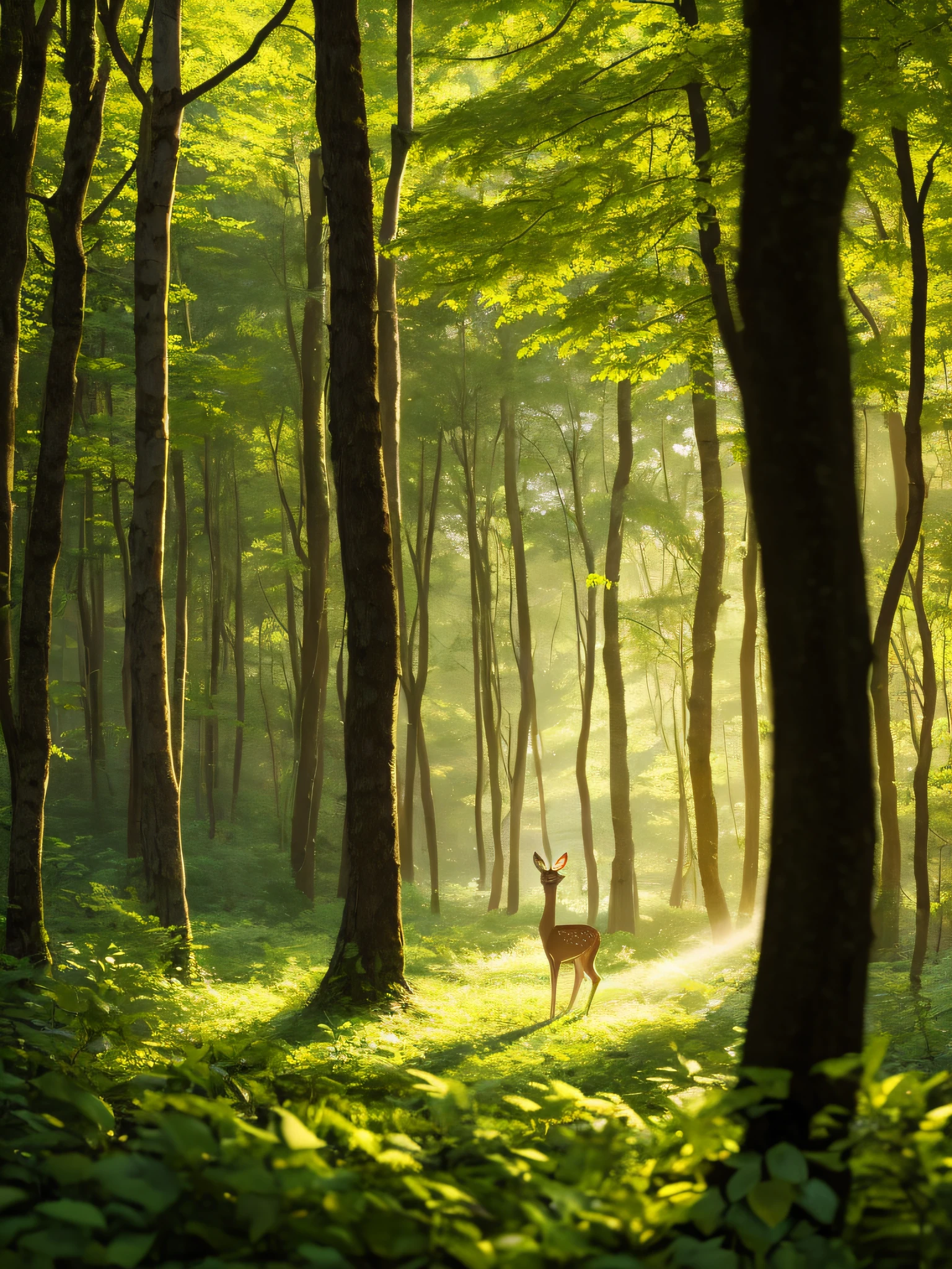 A fawn standing in the woods in the forest,Densely wooded,Clear hair,Golden sunlight shines through the leaves on the woods,There is a mist in the air,8K,Facial smile,Artistic digital photos --auto