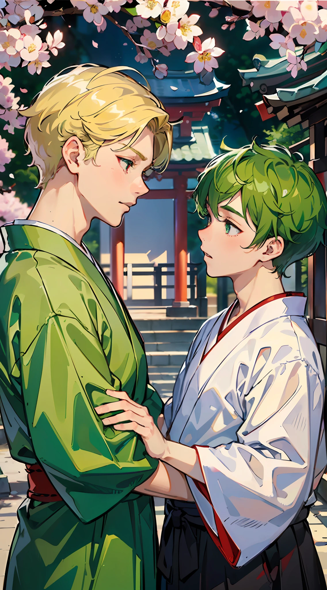(Representative work:1.4、best qualit、8k)、(Gay couple facing each other:1.5)、(cool boy、Black hakama with blonde spiked hair and red eyes:1.1)、(e lity、Short green hair and big eyes white:1.2)、(japanese shrine:1.3)、Cherry Blossoms。