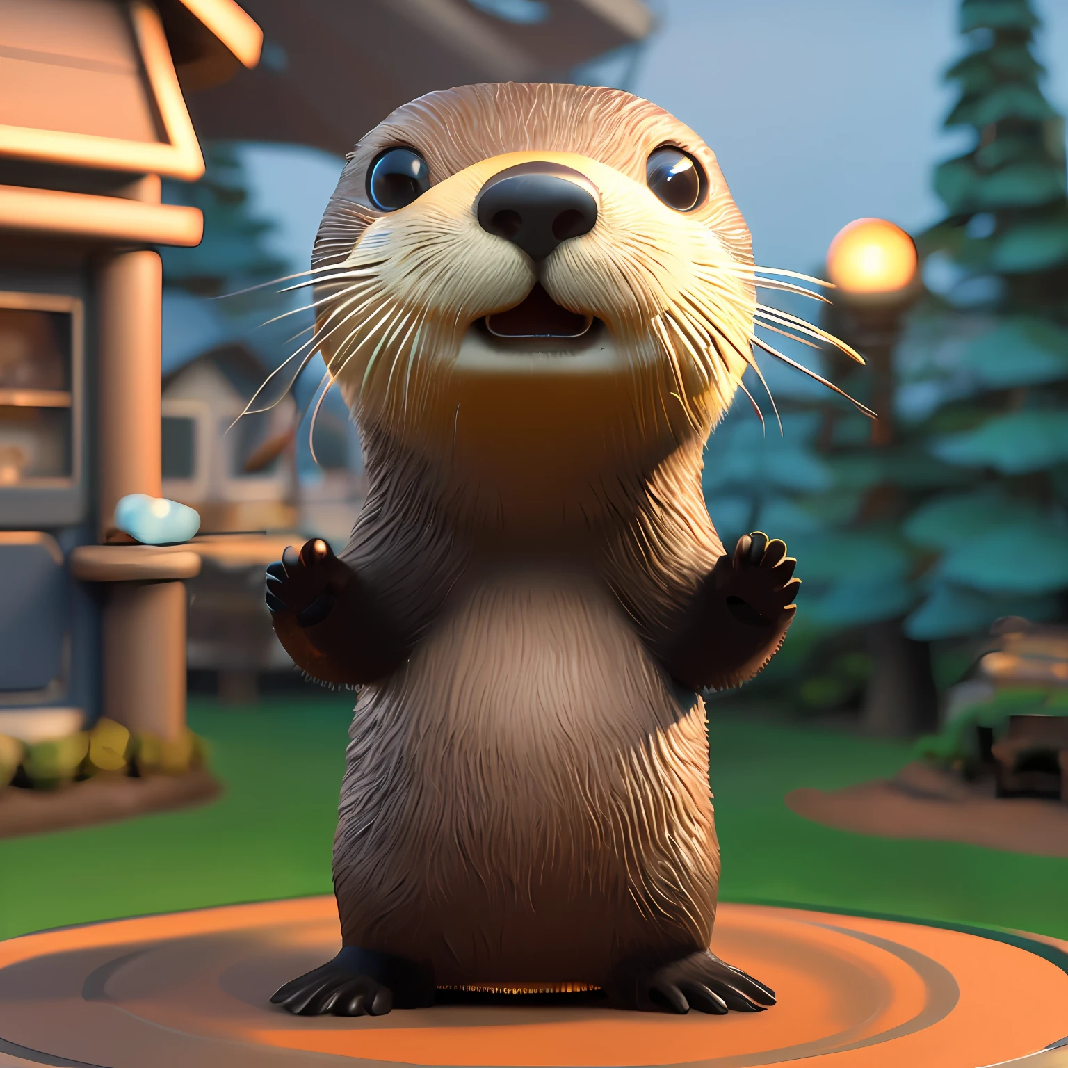 Adorable baby otter waving and smiling greeting me, motor irreal, cozy interior lighting, Station Art, pintura digital detalhada, kinematic, Design de personagens por Mark Ryden e Pixar e Hayao Miyazaki, unreal 5, DAZ,hiper realista, octane rendering, 3DMDT1