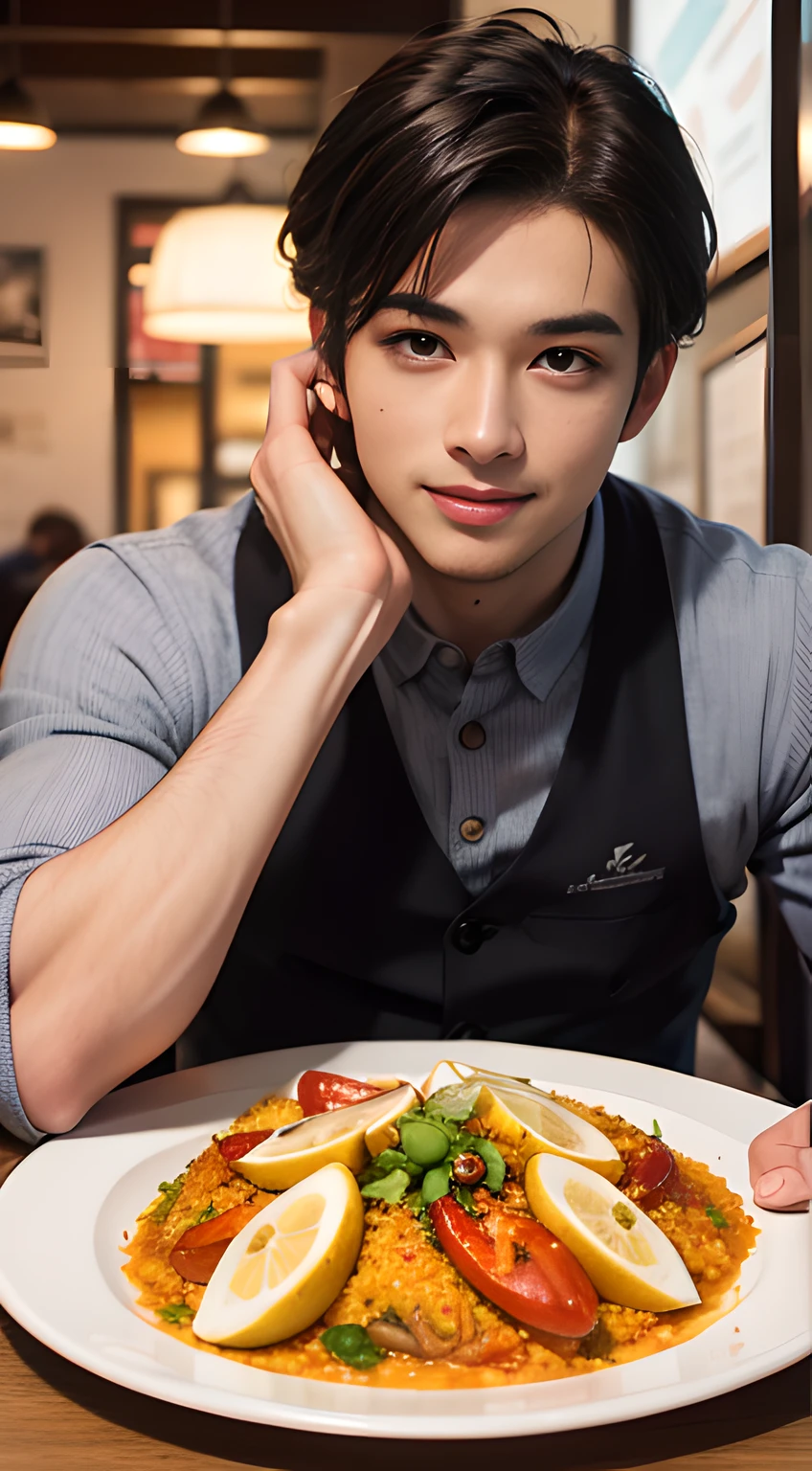 (handsome muscular man in his 20's), handsome muscular young man eating big Paella, sitting on the chair at restaurant, It is a traditional Spanish dish, is a flavorful rice-based dish cooked with saffron, vegetables, and a variety of proteins such as chicken, seafood, or rabbit, resulting in a vibrant and aromatic medley of flavorsmischievous smile, (small details: 1 in 1), natural muscles, higher quality, beautiful eye, (Detailed face and eyes), (face、: 1 of 2), noise, real pictures、... ...PSD, Sharp Focus, High Resolution 8k, Real & Professional Photography, 8K UHD, Soft Lighting, High Quality, Film Grain, FUJIFILM XT3