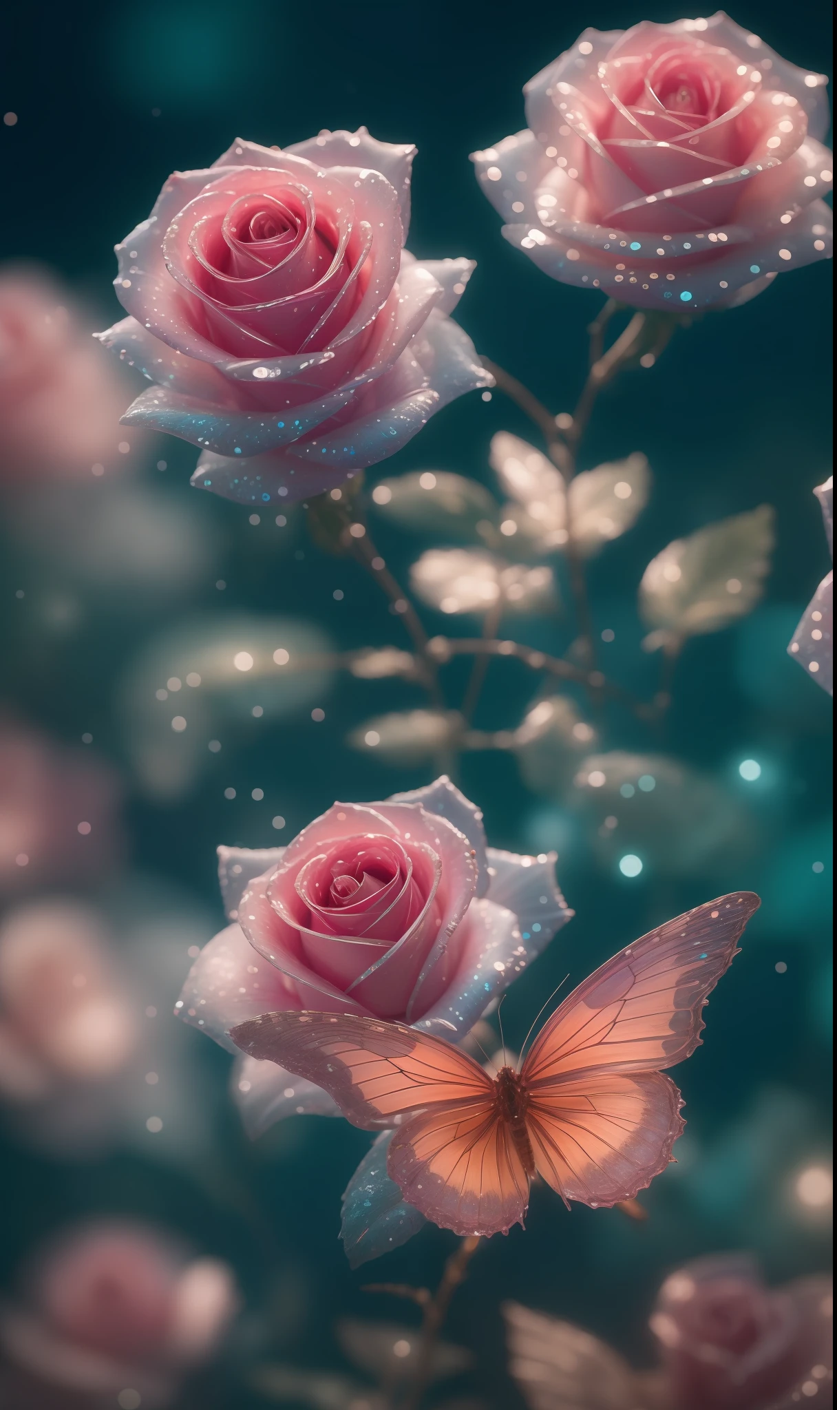 Crystal fantasy, Roses, Full-color, toe-up, neon, countless crystal feathers flutter in the air,
fantasy, galaxy, transparent, shallow depth of field, jade bokeh, sparkling, sparkling, stunning, colourful,
Magical Photography, Dramatic Lighting, photo realism, Ultra Detail, 4K, DOF, High Resolution