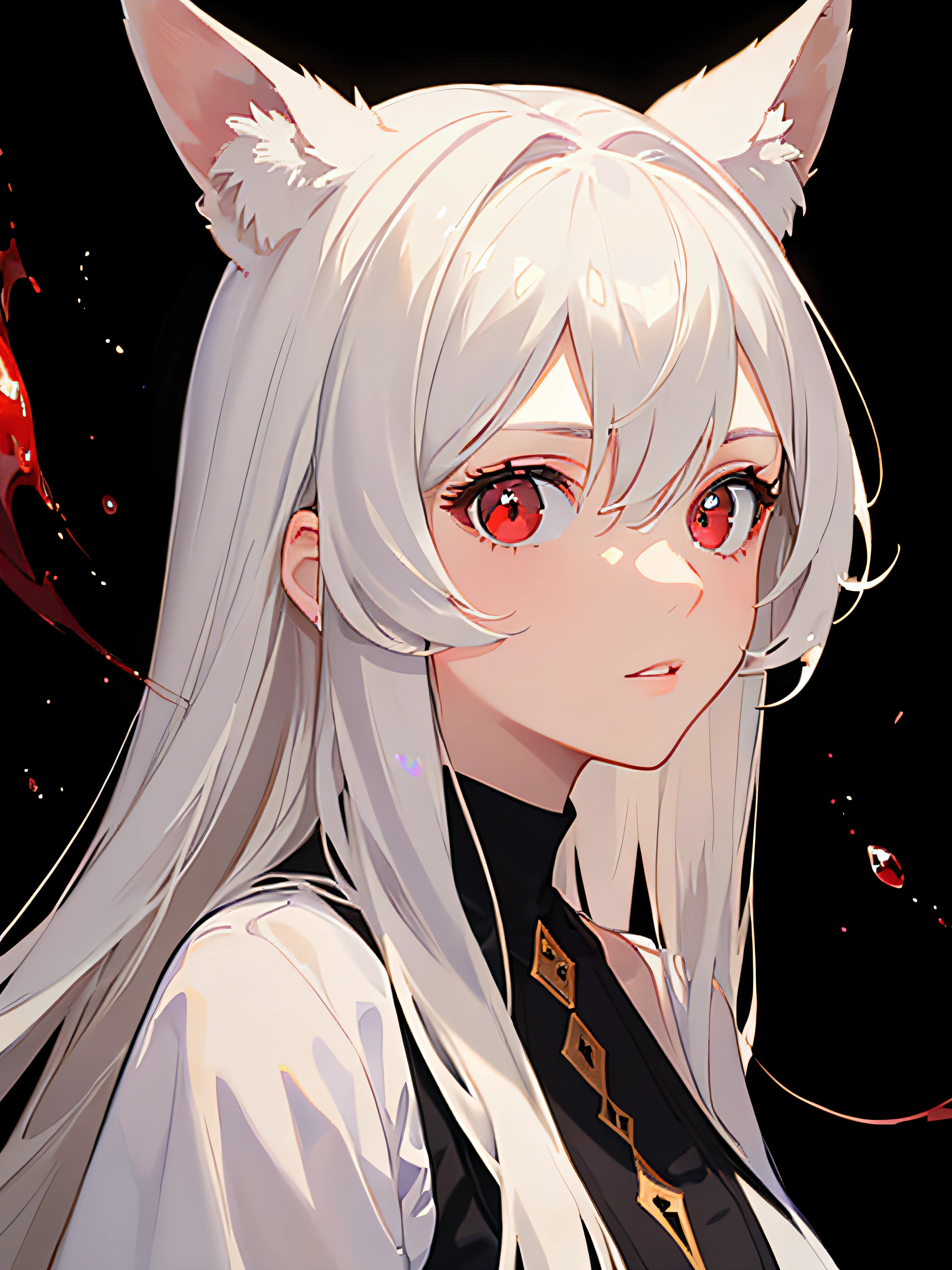 ((masterpiece,best quality)),Beautiful Finely Detailed Eyes,A detailed face,1girl,Long White Hair,red eyes,looking at the viewers,,(with a black background:1.2),Bloody particles,Plump your body，