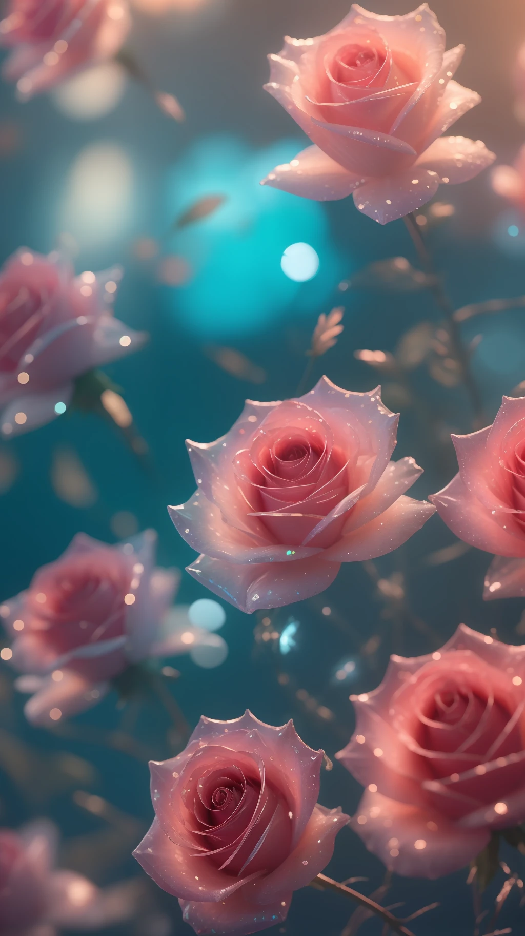 Crystal fantasy, Roses, Full-color, toe-up, neon, countless crystal feathers flutter in the air,
fantasy, galaxy, transparent, shallow depth of field, jade bokeh, sparkling, sparkling, stunning, colourful,
Magical Photography, Dramatic Lighting, photo realism, Ultra Detail, 4K, DOF, High Resolution
