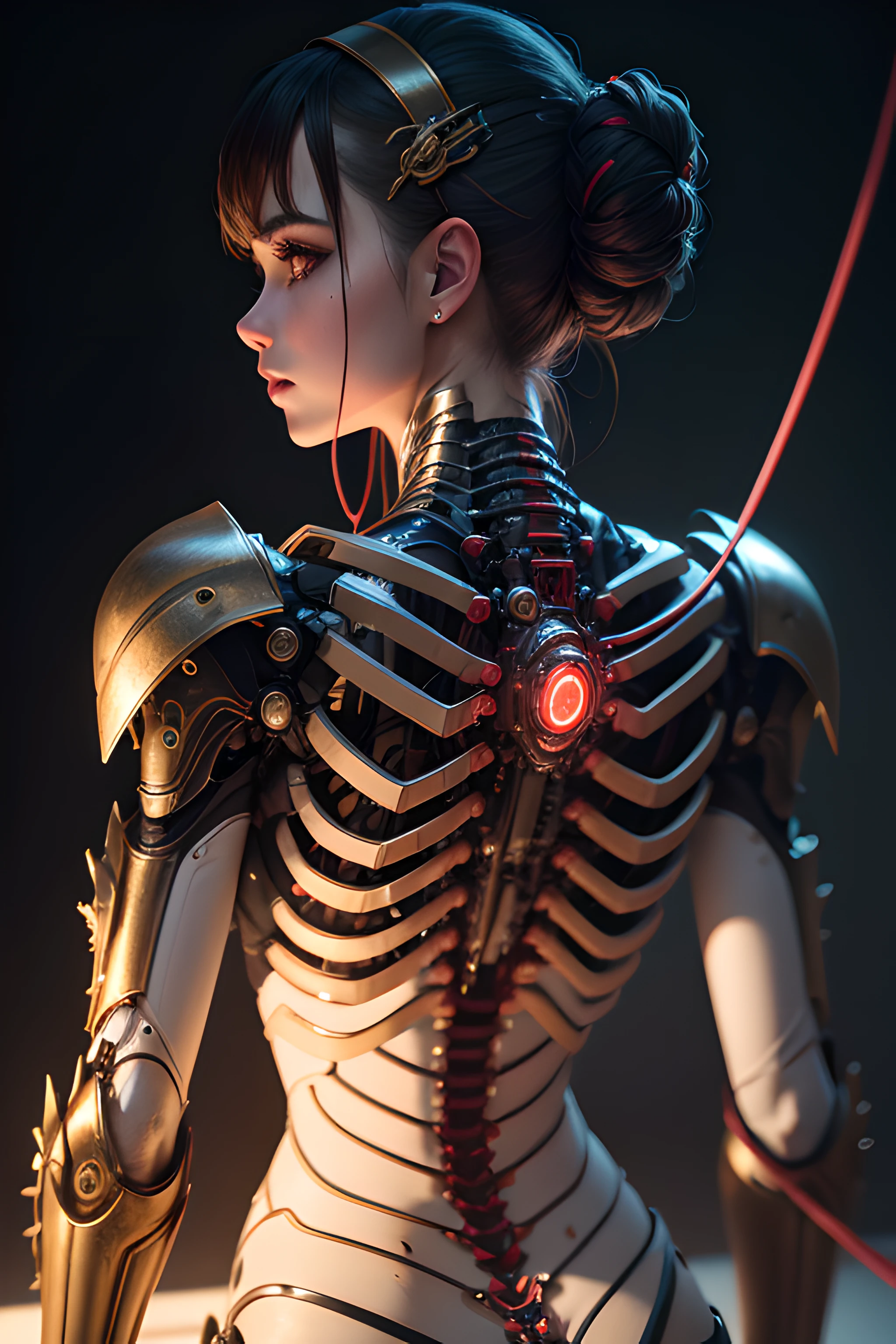 1mechanical girl,((ultra realistic details)), portrait, global illumination, shadows, octane render, 8k, ultra sharp,metal,intricate, ornaments detailed, cold colors, egypician detail, highly intricate details, realistic light, trending on cgsociety, glowing eyes, facing camera, neon details, machanical limbs,blood vessels connected to tubes,mechanical vertebra attaching to back,mechanical cervial attaching to neck,sitting,wires and cables connecting to head --auto