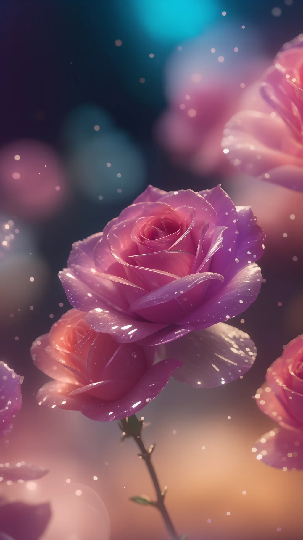 Crystal fantasy, Roses, Full-color, toe-up, neon, countless crystal feathers flutter in the air,
fantasy, galaxy, transparent, shallow depth of field, jade bokeh, sparkling, sparkling, stunning, colourful,
Magical Photography, Dramatic Lighting, photo realism, Ultra Detail, 4K, DOF, High Resolution