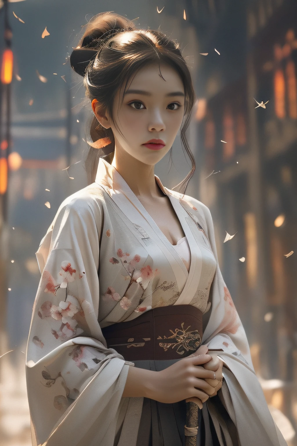 (bestbestquality），（fidelity：1），realistic skin textures，highly detaild，8k壁纸，master masterpiece，Hyper detailed，Detailed facial features，volume lighting，Dynamic Lighting，Bust photo，1女子，Peach Blossom Forest，long dark hairs，Ponytail，white Hanfu，red sash，Sword in hand，Petals flying，Hazy，ancient architecture，Cinematic lights，Dynamic perspective，