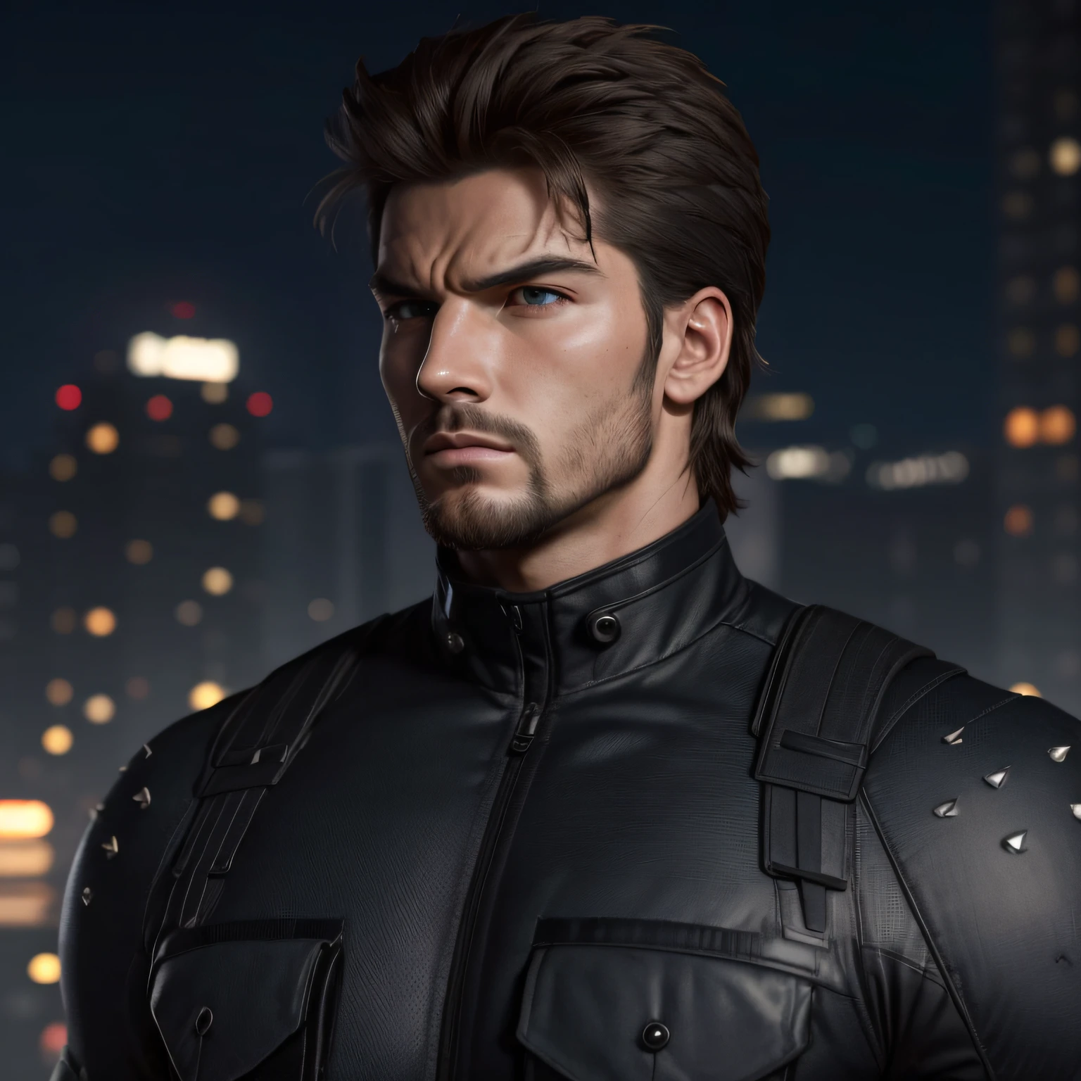 ((masterpiece)), best quality, ultra detailed, intricate details, rich colors, sharp focus, (((Dark suit))), Spiky Hair, Black Hair, Cityscape, Heroic, Strong Jaw,{{{Master piece:1.3}}}, {{{realistic}}}, {{cinematic lighting}}, {{{perfect anatomy:1.3}}, handsome man, {{extremely detailed}}}, long eyelashes, {{perfect face}}, {{perfect eyes}} refined, {soft lighting}, {{cool}}, (detailed body),(Masterpiece)),(((best quality))), ( full body: 1.2), good anatomy, short hair, stern features, tall ,((highly detailed features)), ,(night city),volumetric lighting, dramatic atmosphere, 1boy, ((solo)), solid snake, looking at viewer, serious expression, facial hair, sneaking, military,tank,teroris,((fight)),