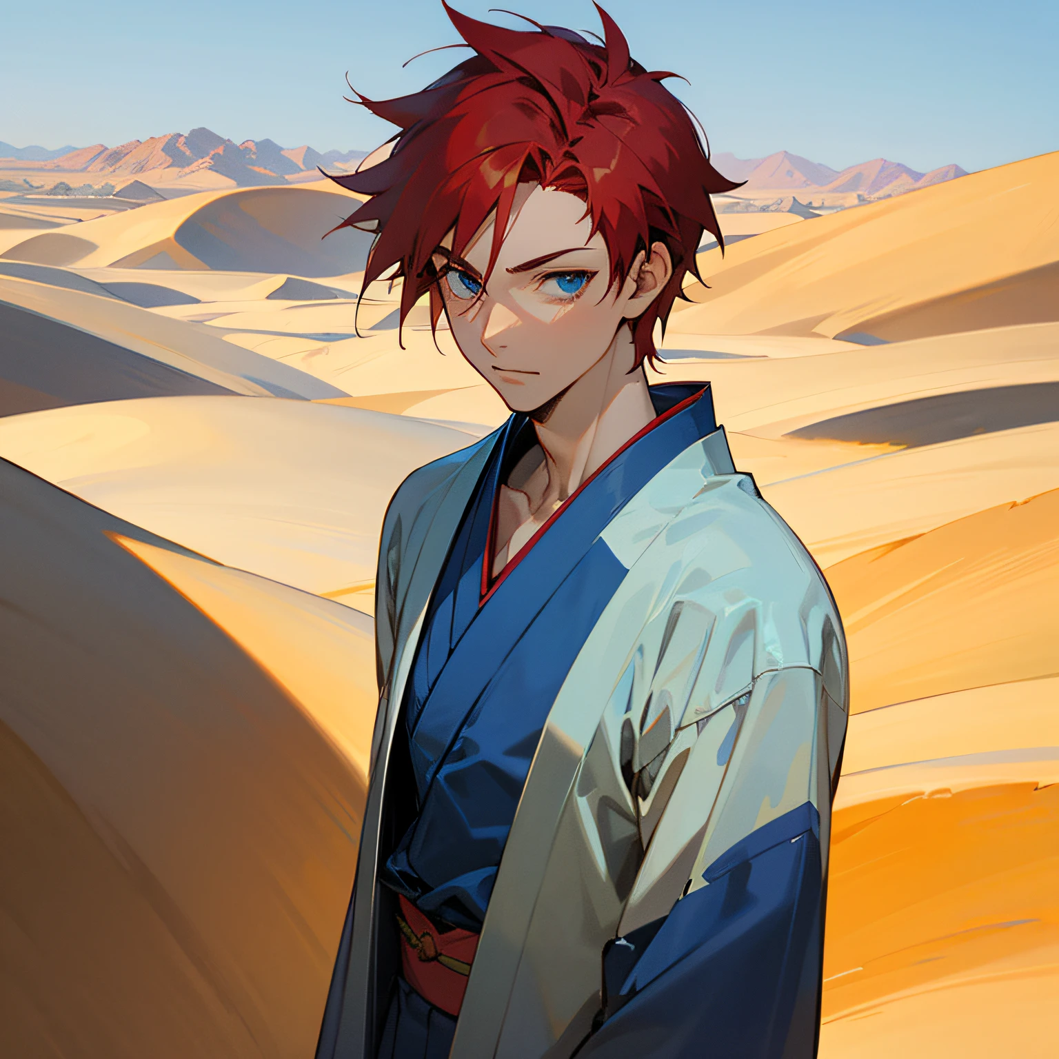 realistic adult male anime character, short spiky red hair mixed with brown, blue eyes, pale skin, slim body, sweet face and wearing blue and red kimono in hot desert scenery --auto