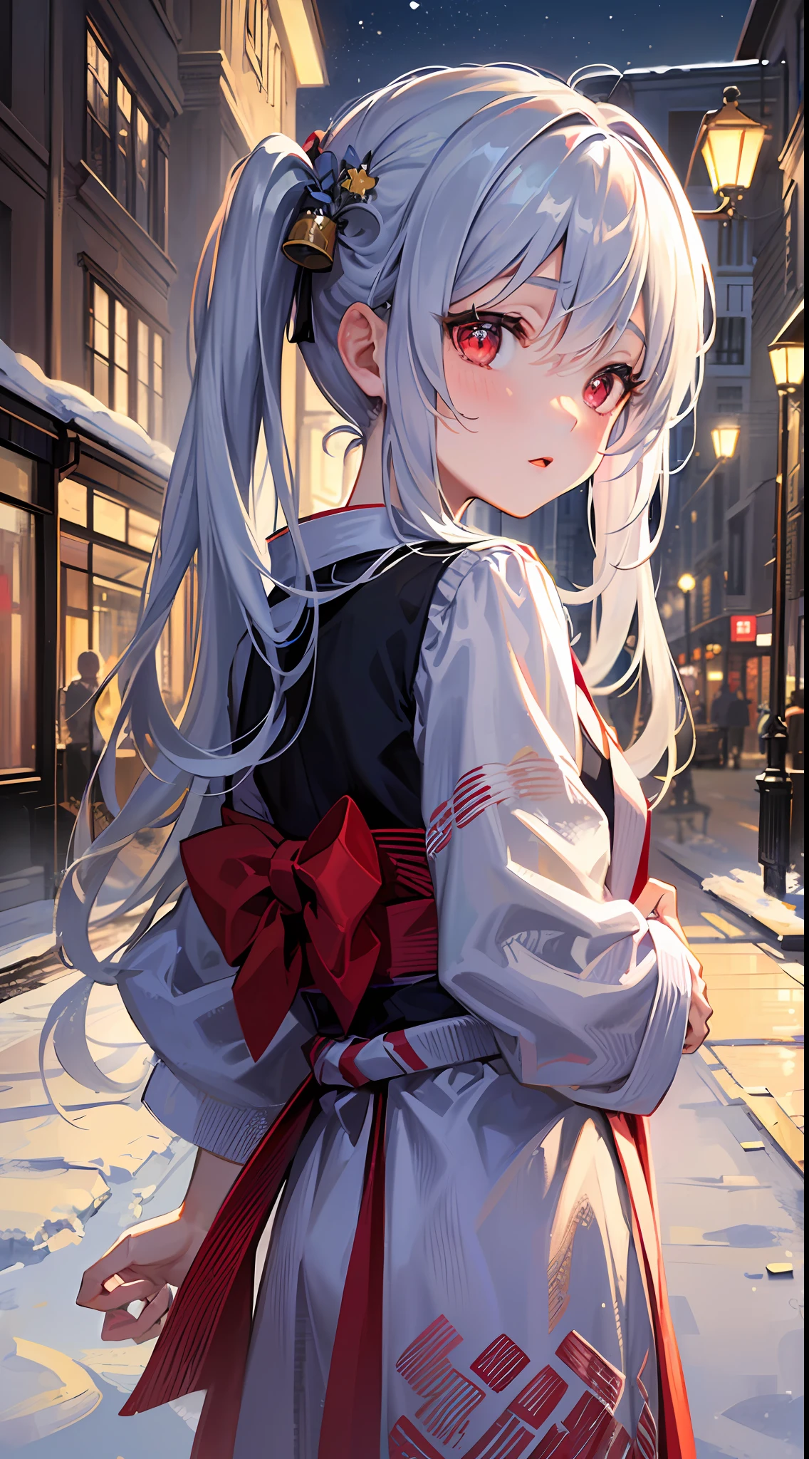 ((masterpiece)), (((best quality))), ((ultra-detailed)), ((illustration)), ((disheveled hair)),((solo)),on the street,snow,snowdrop,
1girl,loli,long hair,((twintails)),red eyes,silver hair,shiny skin,(small chest),
Kimono girl outfit,
Night,((detalied glow))