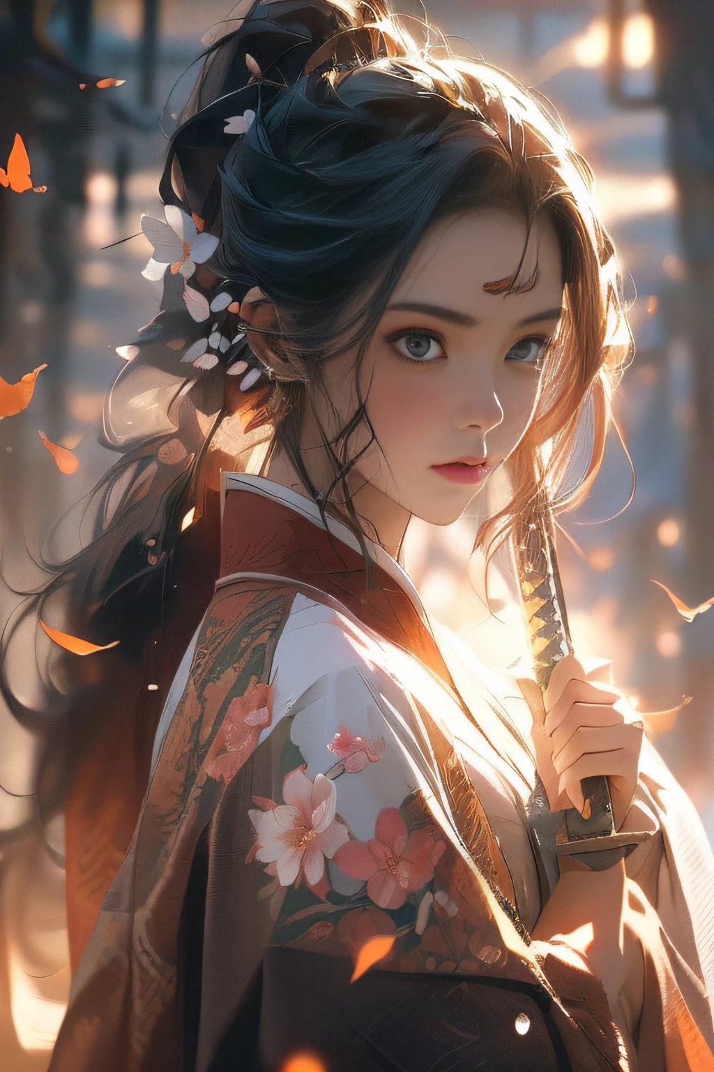 (bestbestquality），（fidelity：1），realistic skin textures，highly detaild，8k壁纸，master masterpiece，Hyper detailed，Detailed facial features，volume lighting，Dynamic Lighting，Bust photo，1女子，Peach Blossom Forest，long dark hairs，Ponytail，white Hanfu，red sash，Sword in hand，Petals flying，Hazy，ancient architecture，Cinematic lights，Dynamic perspective，