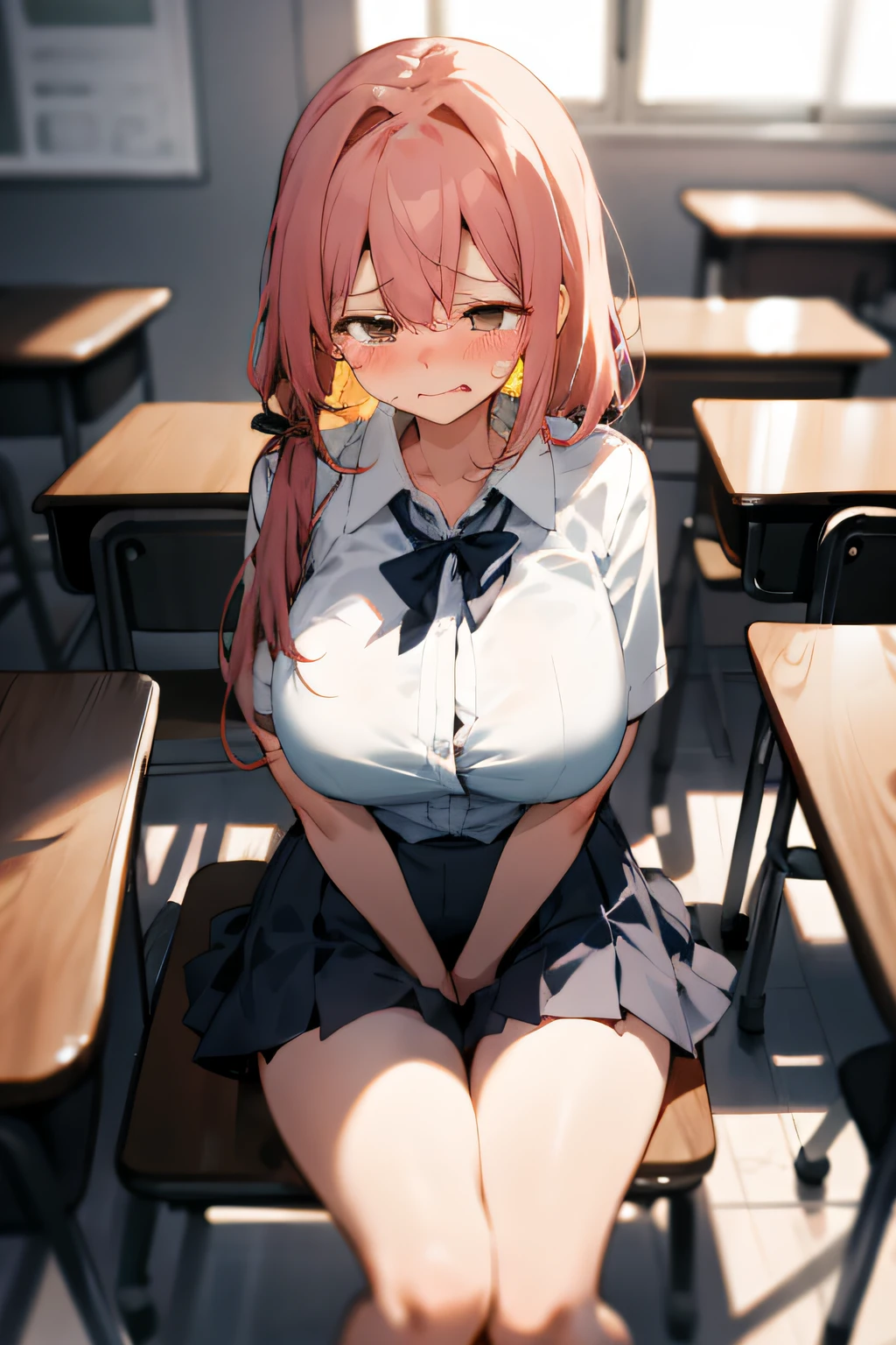 1人の長い髪、Girl in school uniform、miniskirts、gigantic tits、The chest is open、Look away、I'm sitting and spreading my crotch、m embarrassed、blushing、Crying、Keep your mouth shut、Classrooms(A girl is)