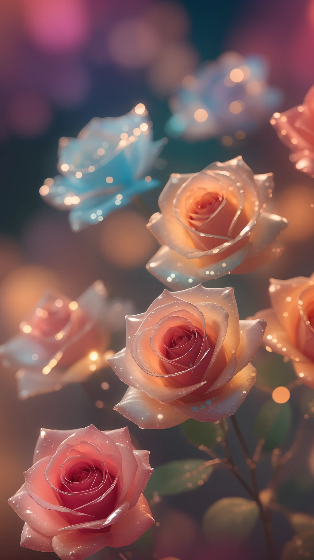 Crystal fantasy, Roses, Full-color, toe-up, countless crystal feathers flutter in the air,
fantasy, galaxy, transparent, shallow depth of field, jade bokeh, sparkling, sparkling, stunning, colourful,
Magical Photography, Dramatic Lighting, photo realism, Ultra Detail, 4K, DOF, High Resolution
