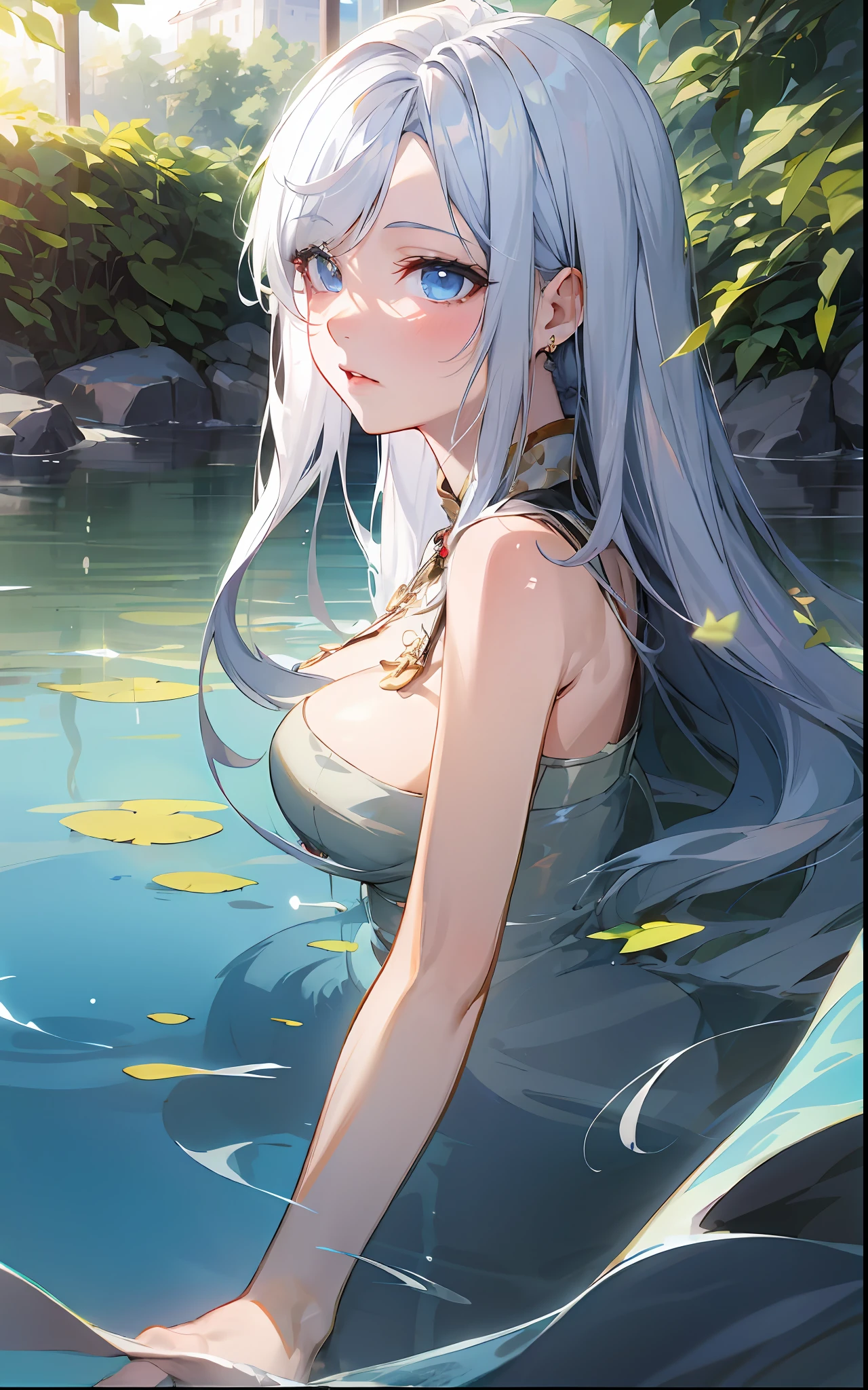 anime girl in a blue dress sitting in a body of water, white haired deity, Perfect gray haired girl, Guweiz in Pixiv ArtStation, guweiz on artstation pixiv, white haired, trending on artstation pixiv, nymph in the water, white haired lady, in a lake, wallpaper anime blue water, silver hair (ponytail、)