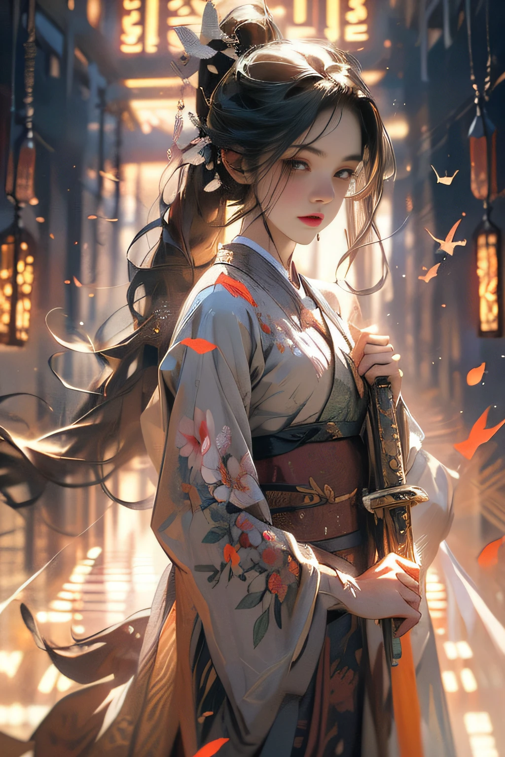 (bestbestquality），（fidelity：1），realistic skin textures，highly detaild，8k壁纸，master masterpiece，Hyper detailed，Detailed facial features，volume lighting，Dynamic Lighting，Bust photo，1女子，Peach Blossom Forest，long dark hairs，Ponytail，white Hanfu，red sash，Sword in hand，Petals flying，Hazy，ancient architecture，Cinematic lights，Dynamic perspective，