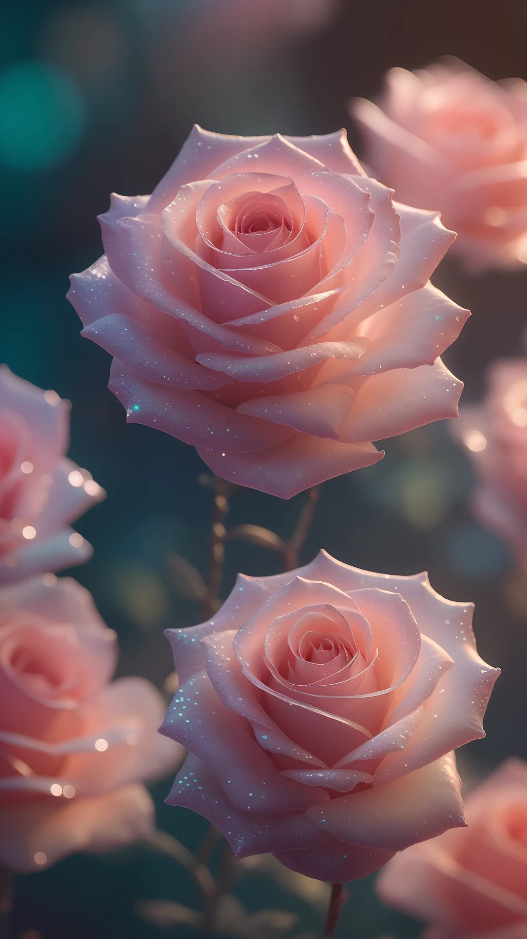 Crystal fantasy, Roses, Full-color,  toe-up, countless crystal feathers flutter in the air,
fantasy, galaxy, transparent, shallow depth of field, jade bokeh, sparkling, sparkling, stunning, colourful,
Magical Photography, Dramatic Lighting, photo realism, Ultra Detail, 4K, DOF, High Resolution