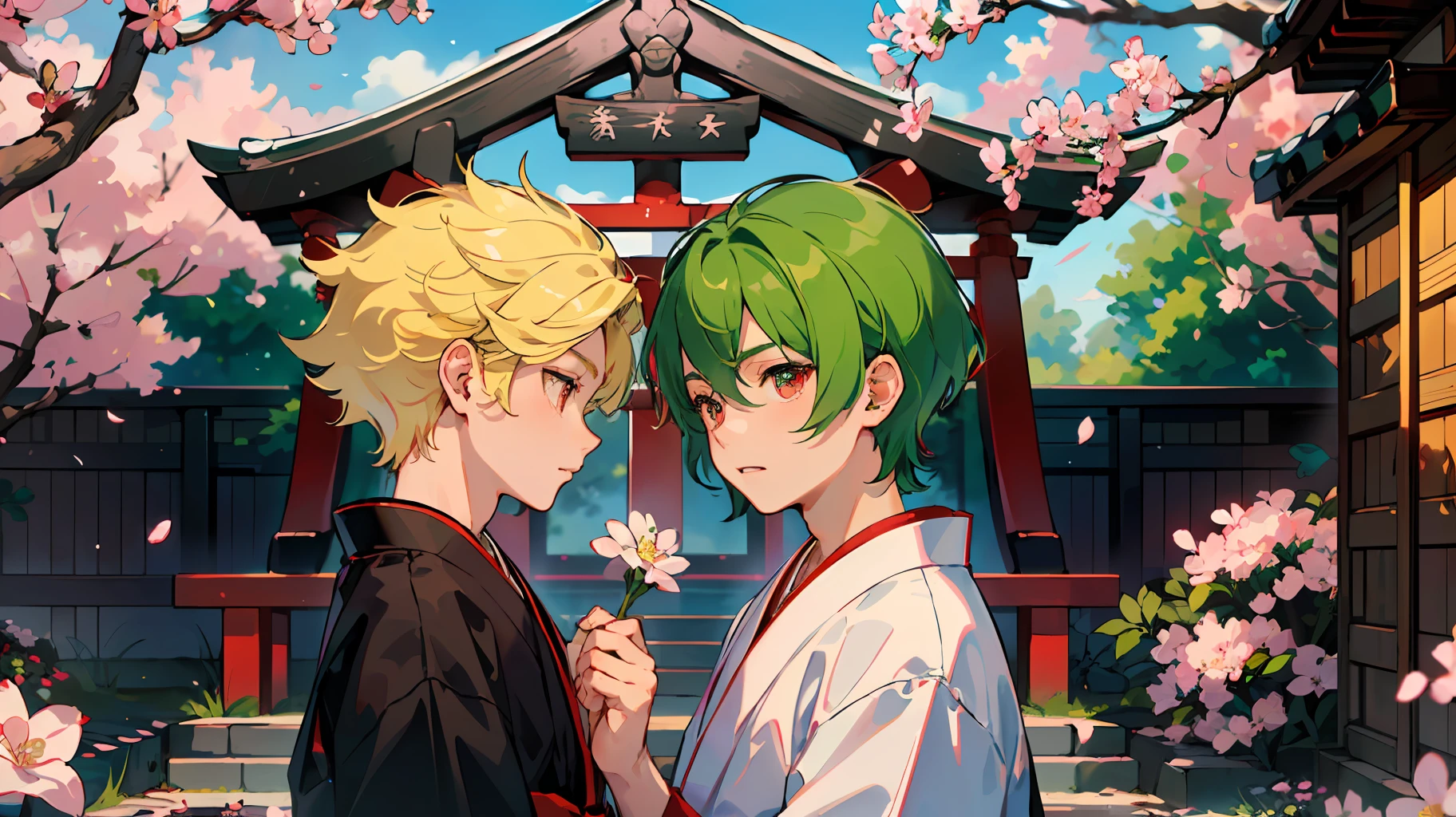 (beste Quality:1.4、8k)、(Gay couple facing each other:1.3)、(cool boy、Black hakama with blonde spiked hair and red eyes:1.2)、(Cute little boy、Short green hair and big eyes white:1.2)、japanese shrine、Cherry Blossoms。