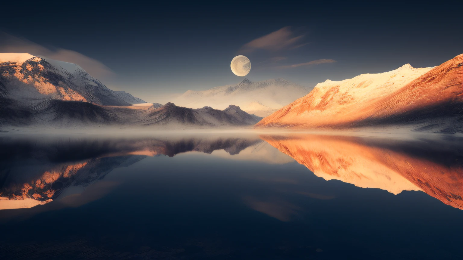 Mountains reflected in the lake，There is a moon in the sky, jessica rossier color scheme, inspired by jessica rossier, by jessica rossier, beautiful render of a landscape, nordic landscape, luminist polar landscape, terragen, Science-fi of iceland landscape, exoplanet landscape, planet landscape, beautiful alien landscape, epic dreamlike fantasy landscape, beautiful mattepainting