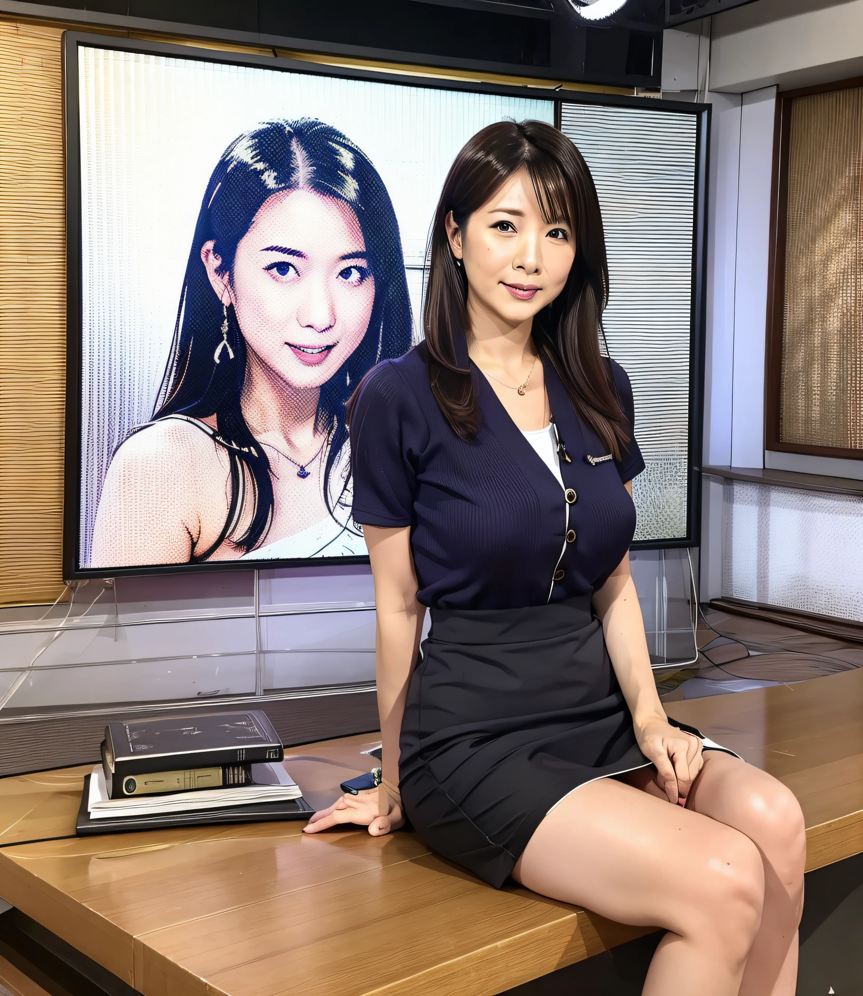 Live TV show, in the studio reading a manuscript, japanese mature, milf, female news caster, joshiana, caster clothes, tight skirt, black long hair,