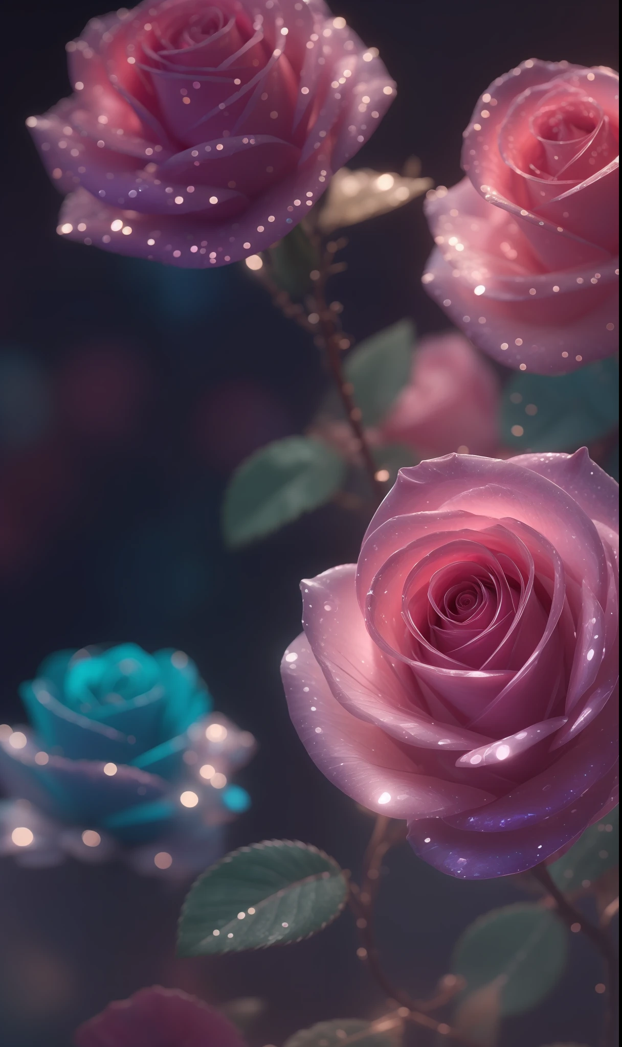 Crystal fantasy, Roses, Full-color,  toe-up, neon, countless crystal feathers flutter in the air,
fantasy, galaxy, transparent, shallow depth of field, jade bokeh, sparkling, sparkling, stunning, colourful,
Magical Photography, Dramatic Lighting, photo realism, Ultra Detail, 4K, DOF, High Resolution