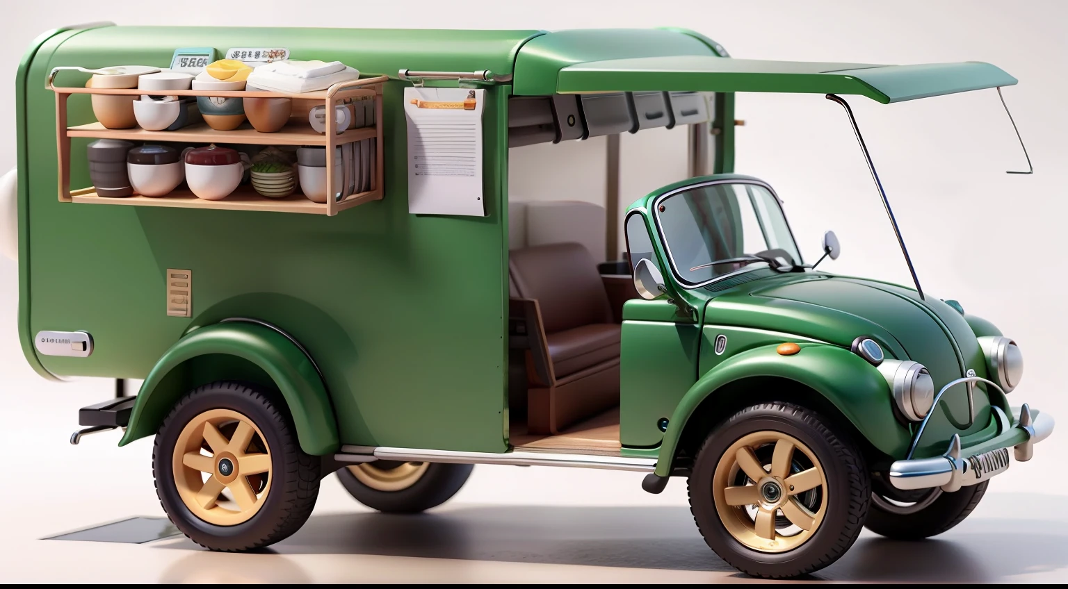 A lovely coffee cart，Inspired by:【Wuling Hongguang minicar】and a【Mini Beetle】，Equipped with a professional large coffee machine，Fancy green high detail，32k超高清，Industrial designProduct design，WHITE BACKGROUND，White environment，studiolight，ultra Realistic，high detailed details，Lateral face，Side view