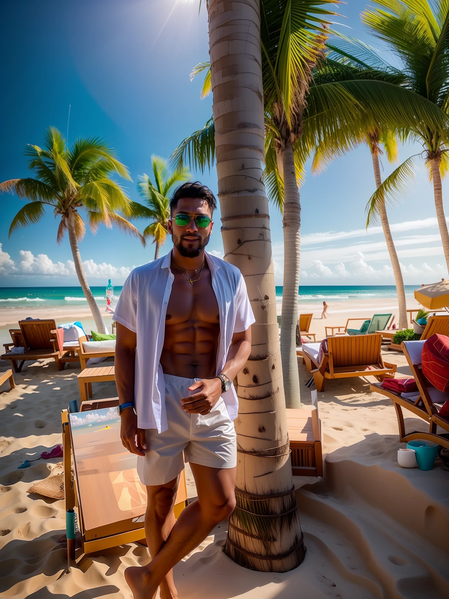 there is a man standing on the beach next to a palm tree, wearing black and gold sunglasses, wearing white swim shorts, chest and stomach visible, black hair,some hair on chest and stomach, love handles, palm trees in the background, with palm trees in the back, vacation photo, posing on a beach with the ocean, at a tropical beach, standing near the beach, shot on Samsung galaxy, standing at the beach, photorealistic