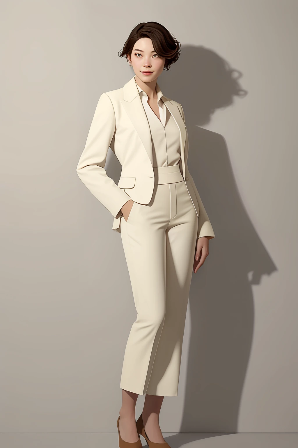 a painting of a woman in a smart casual suit, in the art style of bowater, digital art of an elegant, inspired by Alexandre Cabanel, inspired by Eleanor Best, inspired by Altoon Sultan, inspired by Sim Sa-jeong, realism artstyle, inspired by Galen Dara, inspired by Elmyr de Hory, white background, full body, no shadow