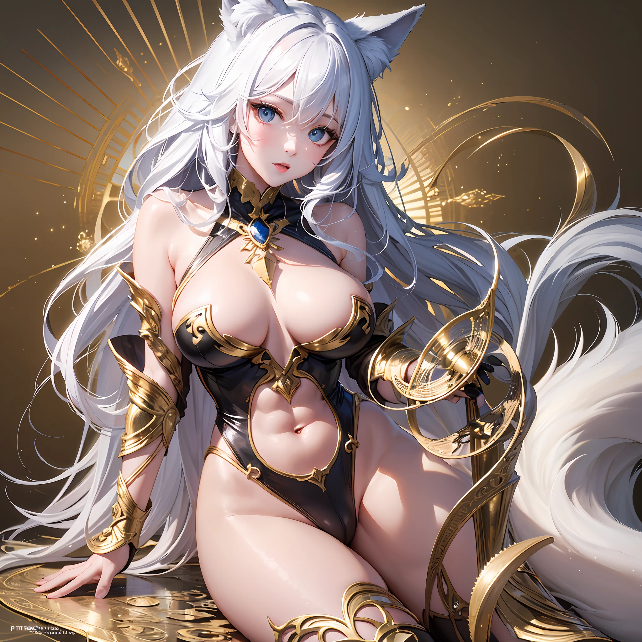 1人の獣女、pure white and very cute fox beast woman、Sit with your crotch open、black rubber suit、tattooed、white long wavy hair、sparkling gold big eyes、ABS、great proportions、full body Shot、background kaleidoscope、the anime、illustration、FANTASY、portrait、animification、Highres、The Highest Quality、very high image quality、Super Detailed、ultra Realistic、pfotorealistic