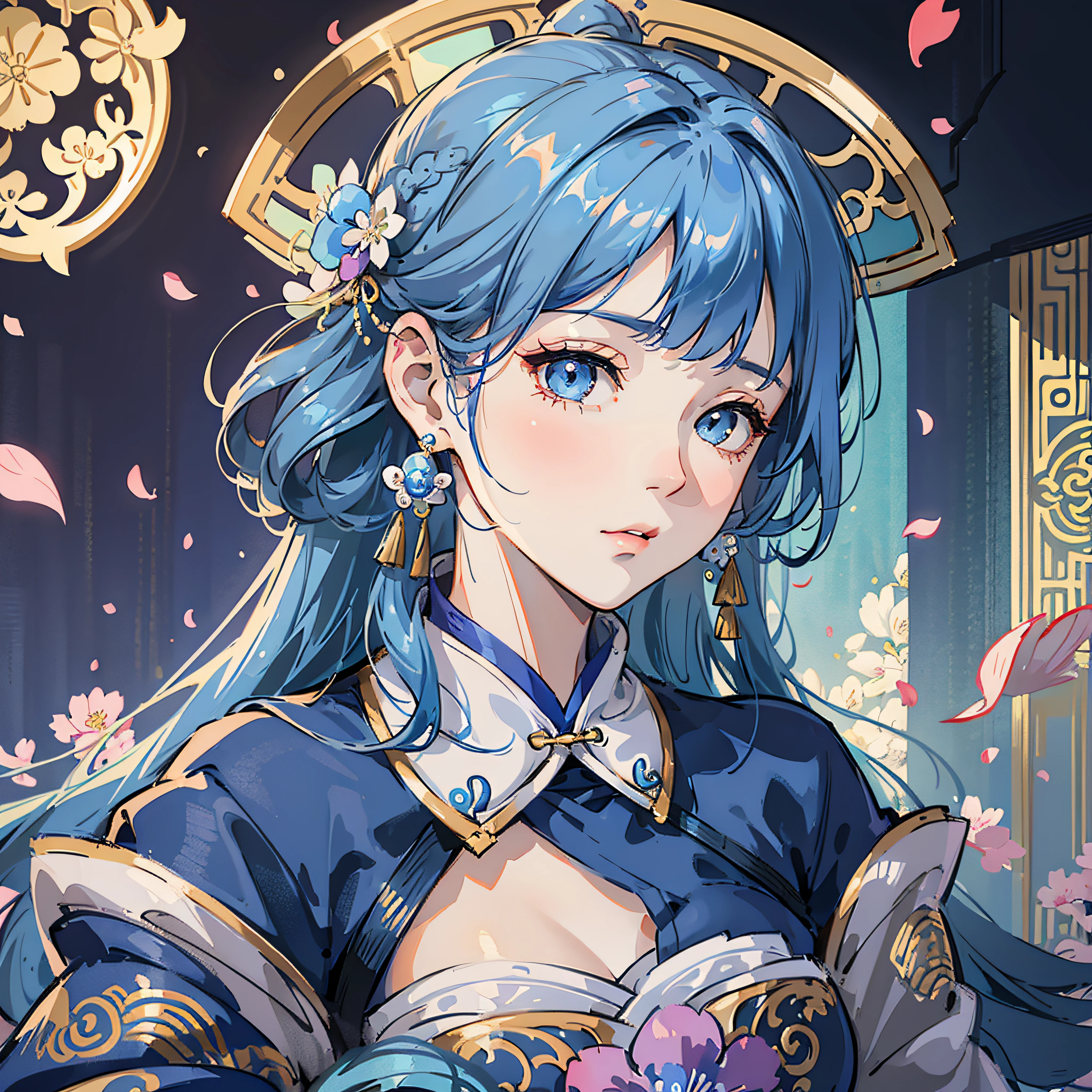 Mature girl , blue hair color with bangs, floating hair, delicate and smart eyes, intricate damask hanfu, gorgeous accessories, wearing pearl earrings, FOV, f/1.8, masterpiece, complex scene, petals flying, front portrait shot, Chang'e, side lighting --auto --s2