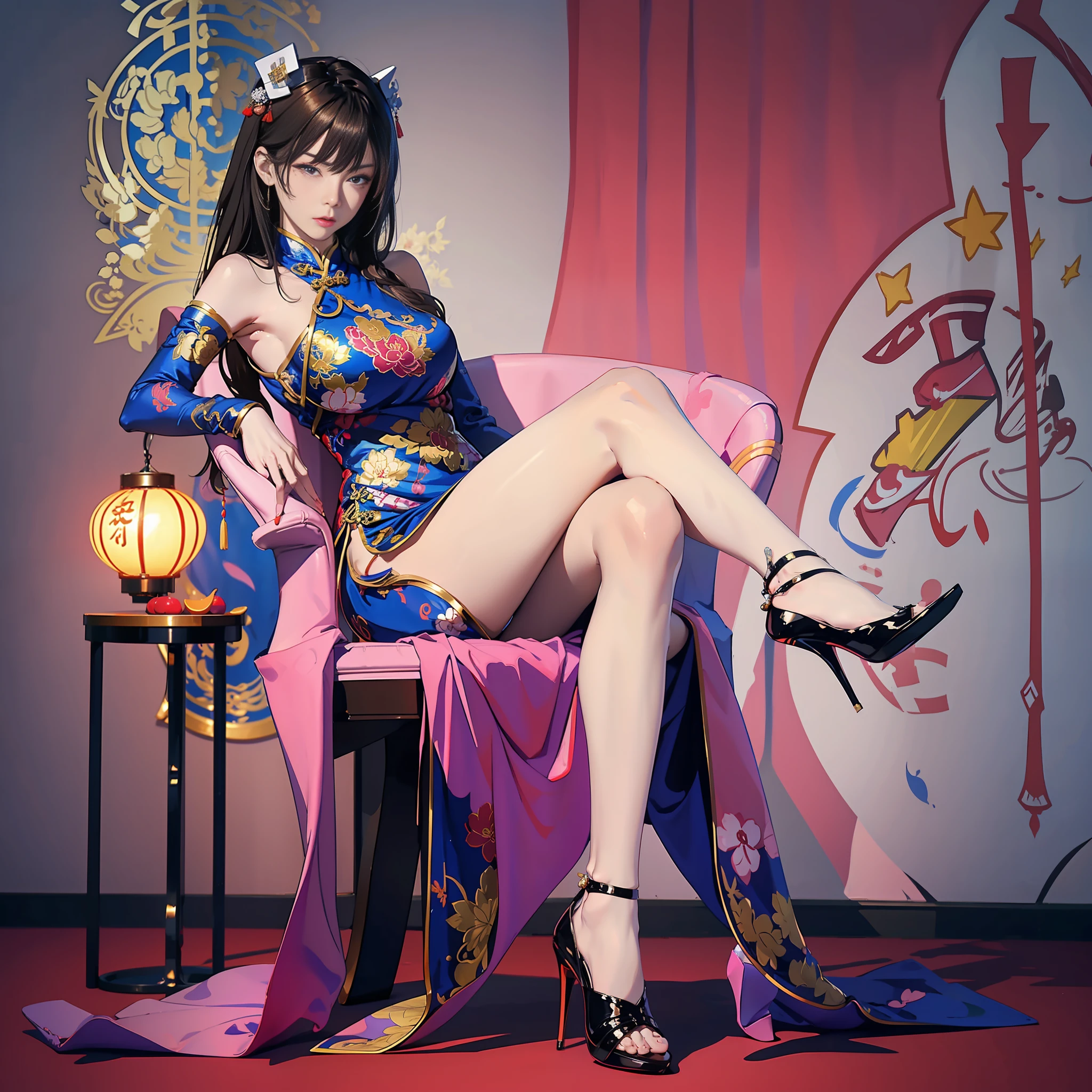 A sexy and seductive lady,Silk high-forked cheongsam,stiletto heels,(naked leg),Teasing expressions,sitting on a throne,streaked hair,Brunette,moles under the eyes,Half-Closed Eyes,MAKEUP,Anime Style,Chinese court,Chinese feeling,lanterns,Chinese knot,UHQ,Masterpiece、,8k,bestbestquality,ccurate,Anatomically correct,Highly detailed character,Stiletto heels,naked leg,Rounded and smooth bare legs,(8k, raw photos, bestbestquality, Masterpiece、,:1.2), european feel,Medieval,((Character Concept Art)),full body concept,Still life, fine Detail, center of screen, still life only,