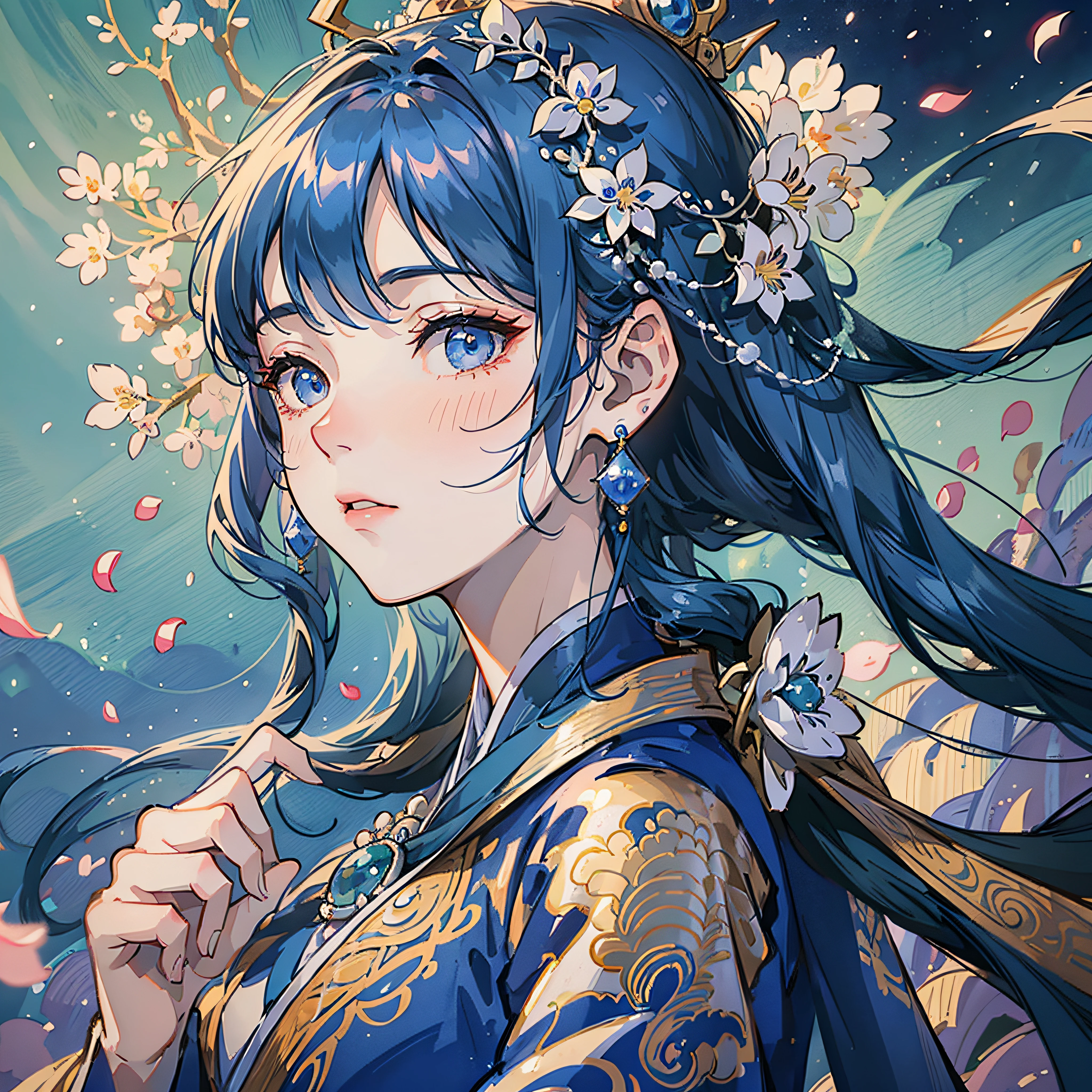 Mature girl , blue hair color with bangs, floating hair, delicate and smart eyes, intricate damask hanfu, gorgeous accessories, wearing pearl earrings, FOV, f/1.8, masterpiece, complex scene, petals flying, front portrait shot, Chang'e, side lighting --auto --s2