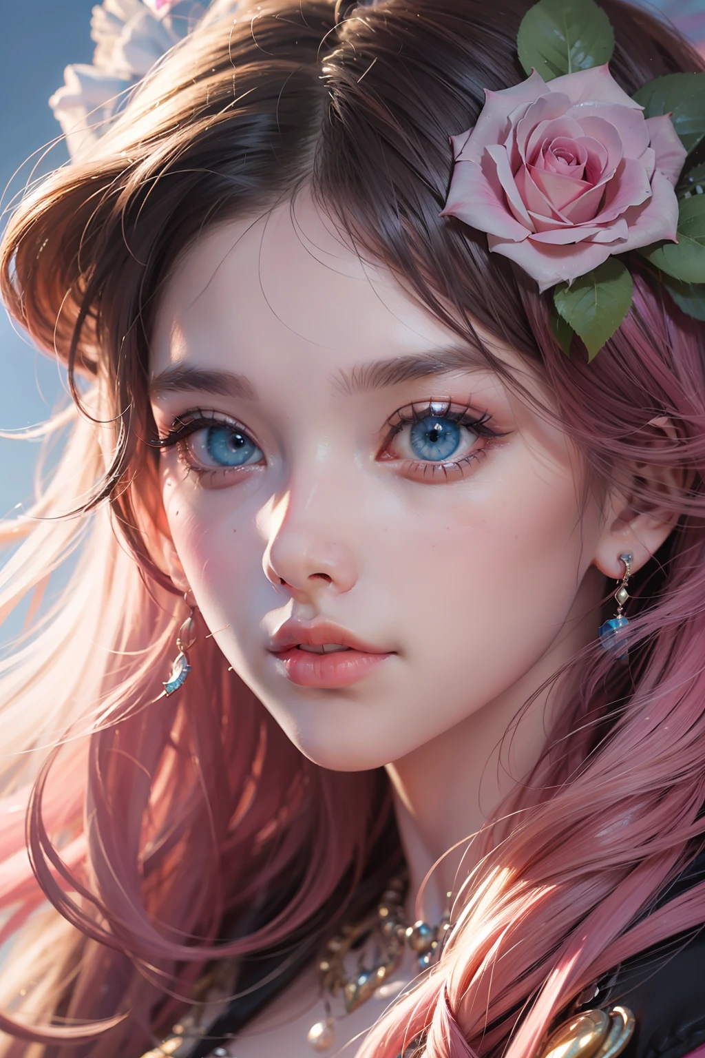 ( Absurd, High quality, ultra-detailed, masterpiece, concept art, smooth, highly detailed artwork, hyper-realistic painting )beautiful eyes(eyes detailed),1 pretty girl, Rose with pink, yellow, and blue color, Rainbow, dreamy, clouds, Vivid, fantasy
