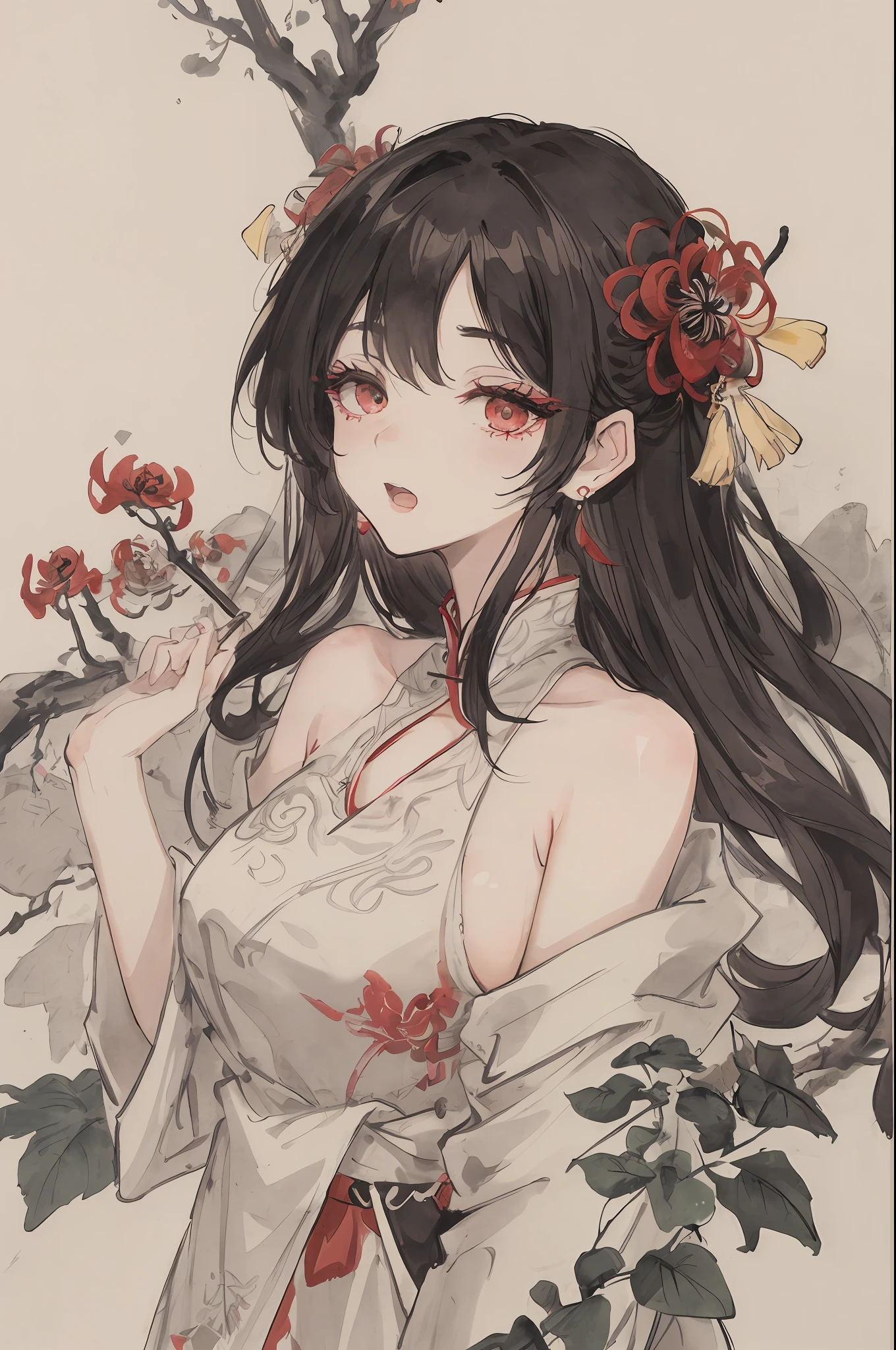 ((High resolution)), (Open Mouth), (Bust), (Top Quality), ((Super Fine)) (Super Fine CG)), ((8k_wallpaper)), Dynamic Angle, Floating, (Eyes with Beautiful Details), Very Delicate and Beautiful Girl, Upper Body, Ink Painting, (Chinese Style), Dark Eyes, Burning, Detail Light. from_low, (black hair), (red spider) lily: 1.33), aqua eye, (hair flower: 1.3), Bloom, single, starry sky, hair accessories, earrings, jewelry, messy hair, bare shoulders, half-closed eyes, bloom, (men), (Hanfu: 1.3), (Medium breasts): 1.2), (Eyeshadow, Red Eyeliner: 1.15), (Eyeshadow, Red Eyeliner: 1.15), (Eyeshadow, Red Eyeliner: 1.15), (Visible Eyes Through Hair: 1.2), (Solo Exhibition), Red Moon