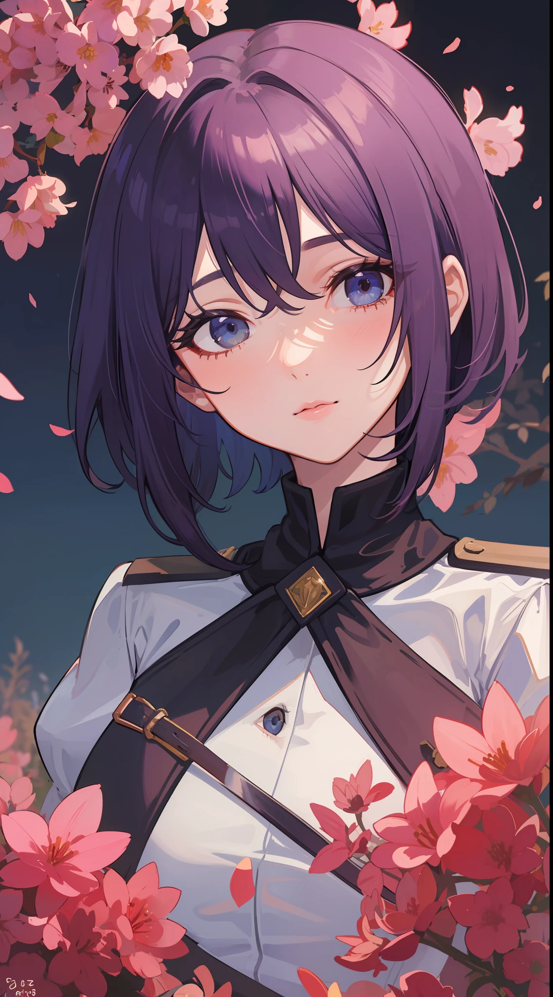 1girl, wearing a saintess uniform, dark-purple short hair style split flowers, sharp blue eyes, she is milf, beautiful scenery colour ((37 year old face)) ((no multiple people))