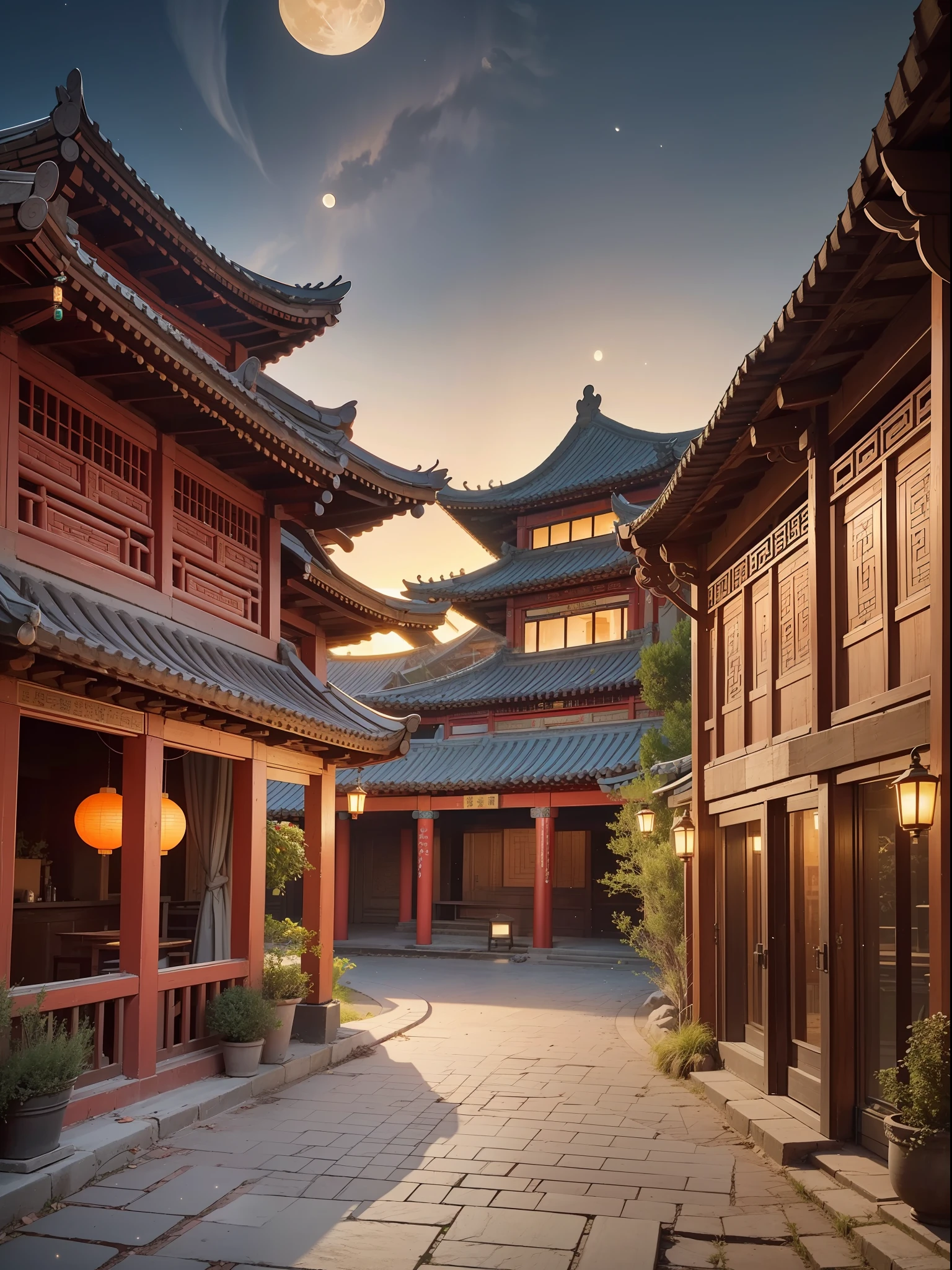 Official Art, Ancient China, Ancient Streets, (Lots of Fireflies), (Night), (Moon), Lights, Beautiful Landscapes, Epic Landscapes, Realistic Lights, Masterpiece, High Quality, Beautiful Graphics, High Detail , Global Illumination, Unreal Engine Rendering, Octane Rendering, (HDR: 1.3)