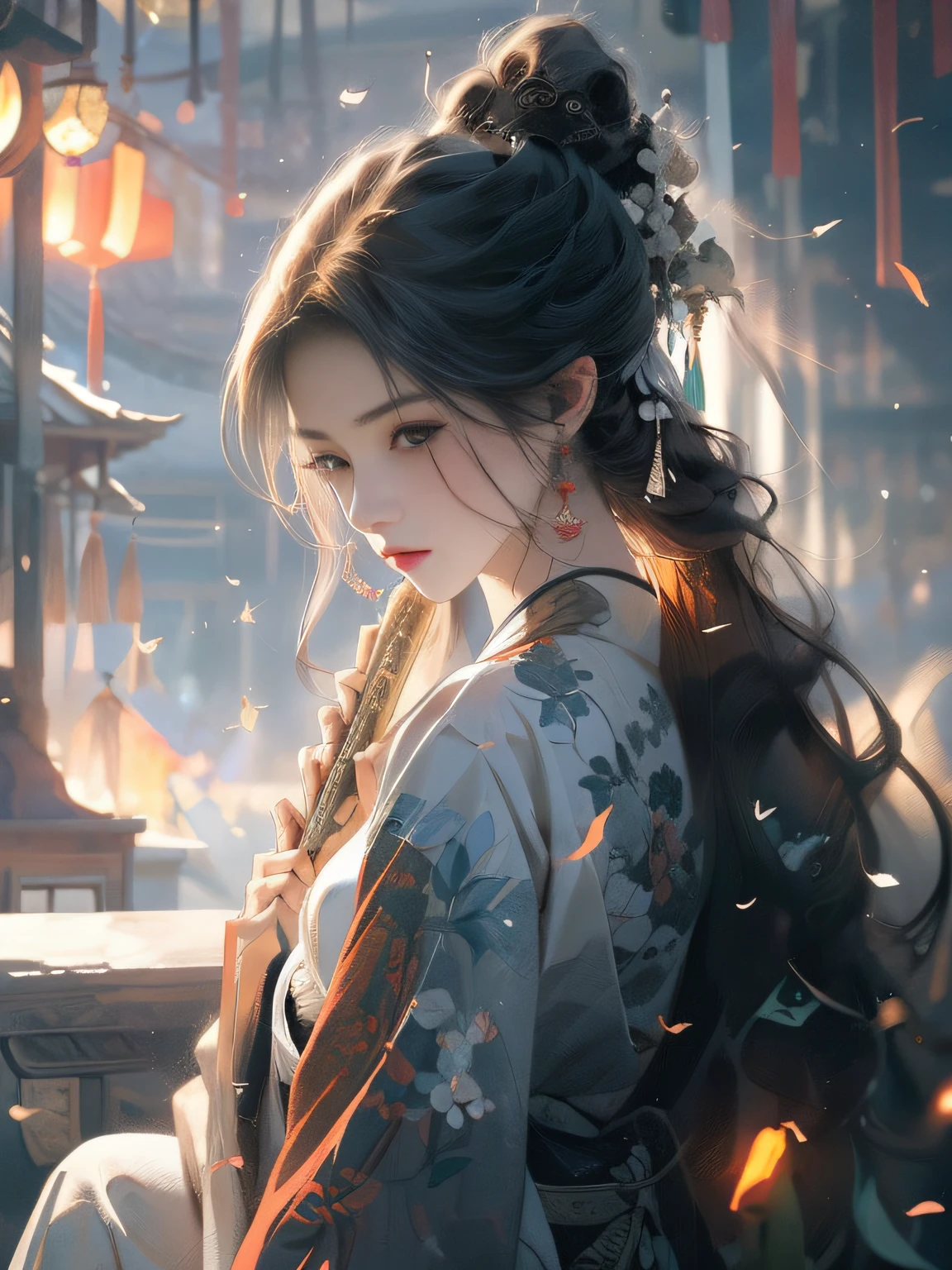 Bamboo forest, bamboo leaves falling, hazy smoke, white hair, white hanfu, sexy, lantern, flute,