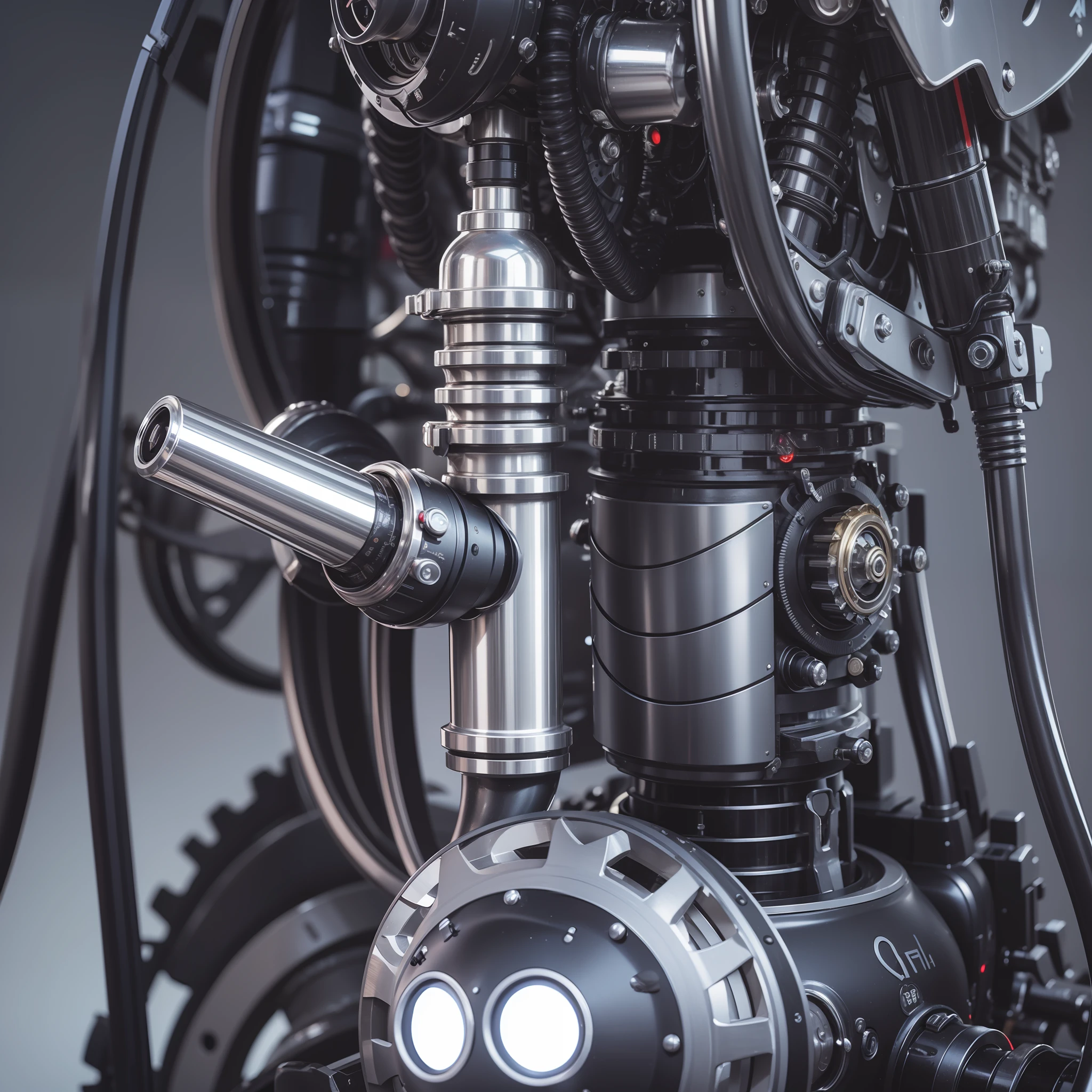 High degree of craftsmanship and quality assurance, A masterpiece from the hands of top masters, Extremely detailed and clear image resolution, Rendered with camera-like realism, Inspiration based on real photos, Depict the image of a mechanical girl, Highly realistic detail, As a commemorative image, Panorama lighting effects, Fine and accurate shadow representation, Uses advanced octane rendering techniques, 高达8K分辨率, Extremely sharp and clear lines and details, Spectacular and grand narrative, Show vivid skin details, Representation of metal materials, Fine and intricate decorative details, Steampunk-inspired detailing, Depicting vacuum tubes、Liquid tubes、oil pressure gauges、glass tubes、Simulate details such as meters, Highlight the details and movement of the gears, Performance of gold hydraulic cylinders, Highly complex and detailed depiction, Realistic and realistic lighting effects, Follow the current trend of CG technology, Bright purple eyes, The eyes glow, Face the audience's gaze, Detailed depiction of neon details, Depicting mechanized body parts, Depict blood vessels connected to the duct, Depicting a mechanized spine attached to the back, Depicting a mechanical attachment attached to the neck, Present a sitting position, Depict wires and cables connected to the head, Based on the inspiration of the Gundam mech, Depict the details of small LED luminaires