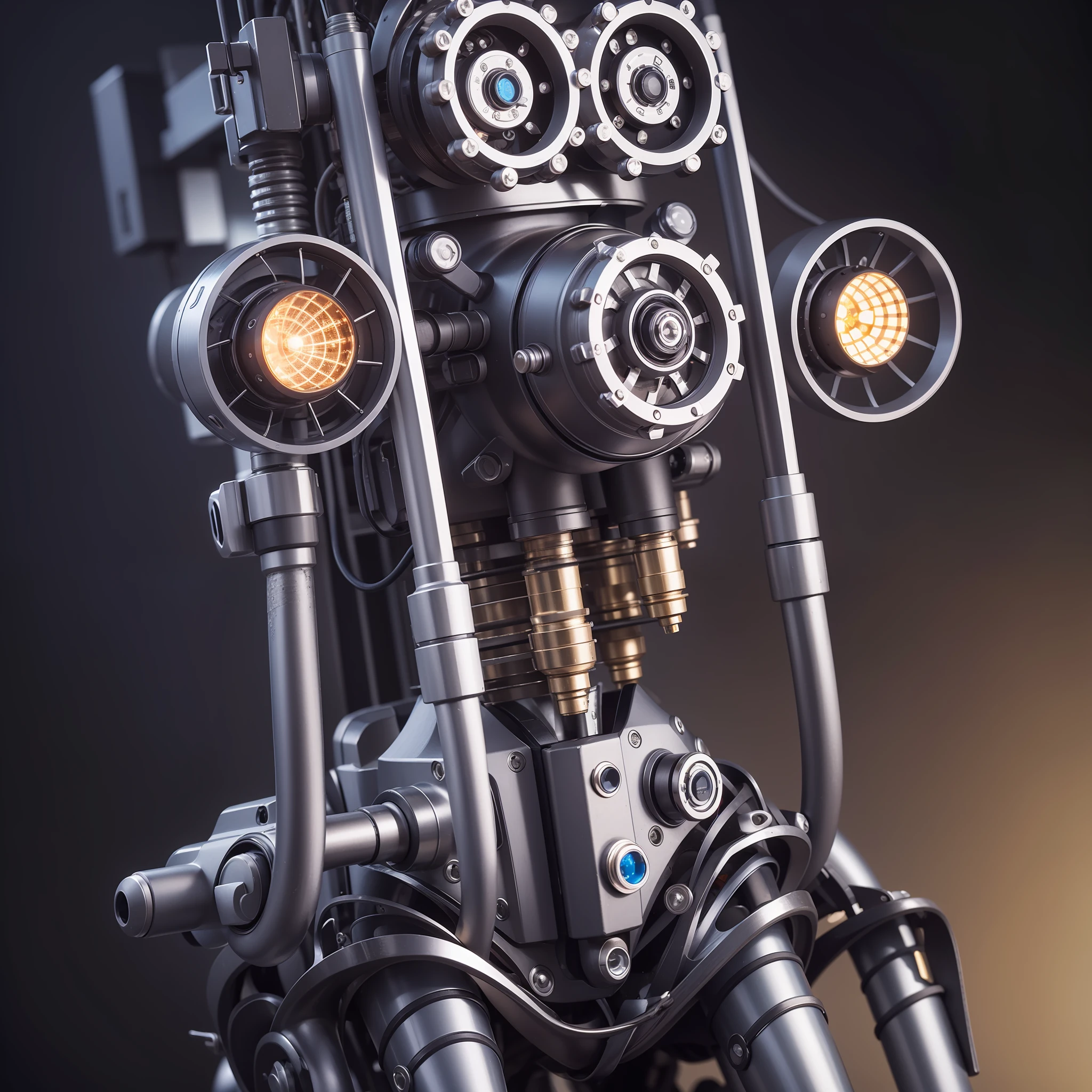 High degree of craftsmanship and quality assurance, A masterpiece from the hands of top masters, Extremely detailed and clear image resolution, Rendered with camera-like realism, Inspiration based on real photos, Depict the image of a mechanical girl, Highly realistic detail, As a commemorative image, Panorama lighting effects, Fine and accurate shadow representation, Uses advanced octane rendering techniques, 高达8K分辨率, Extremely sharp and clear lines and details, Spectacular and grand narrative, Show vivid skin details, Representation of metal materials, Fine and intricate decorative details, Steampunk-inspired detailing, Depicting vacuum tubes、Liquid tubes、oil pressure gauges、glass tubes、Simulate details such as meters, Highlight the details and movement of the gears, Performance of gold hydraulic cylinders, Highly complex and detailed depiction, Realistic and realistic lighting effects, Follow the current trend of CG technology, Bright purple eyes, The eyes glow, Face the audience's gaze, Detailed depiction of neon details, Depicting mechanized body parts, Depict blood vessels connected to the duct, Depicting a mechanized spine attached to the back, Depicting a mechanical attachment attached to the neck, Present a sitting position, Depict wires and cables connected to the head, Based on the inspiration of the Gundam mech, Depict the details of small LED luminaires