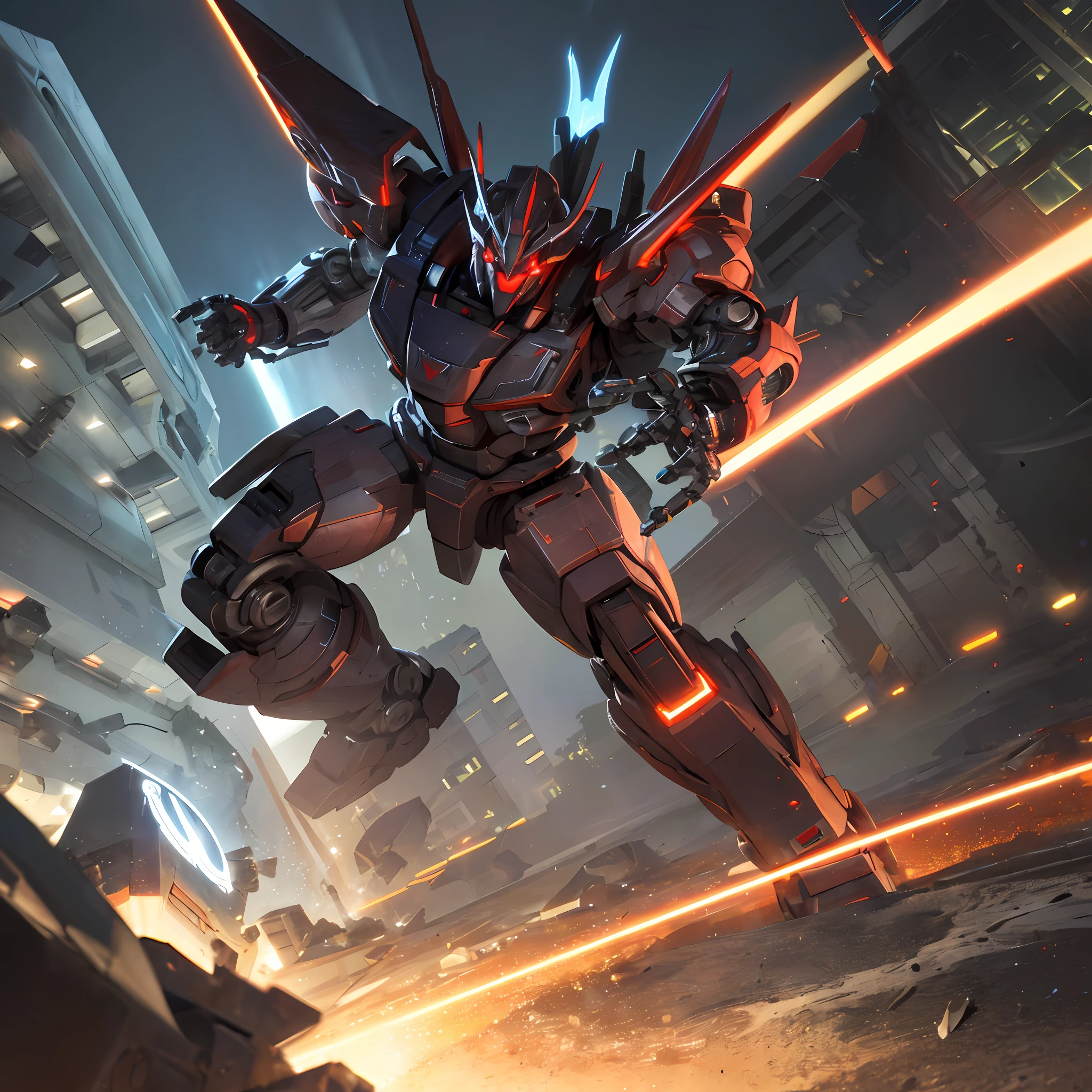 a robot,red eyes,black theme,city,glowing eyes,solo, lord,at night,
best quality, highly detailed, ultra-detailed, masterpiece, 8k wallpaper, bad anatomy, highres, super fine illustration, game cg, (blacklight:1), command spell,,mechanical parts, robot joints, headgear,full armor, mecha,mask