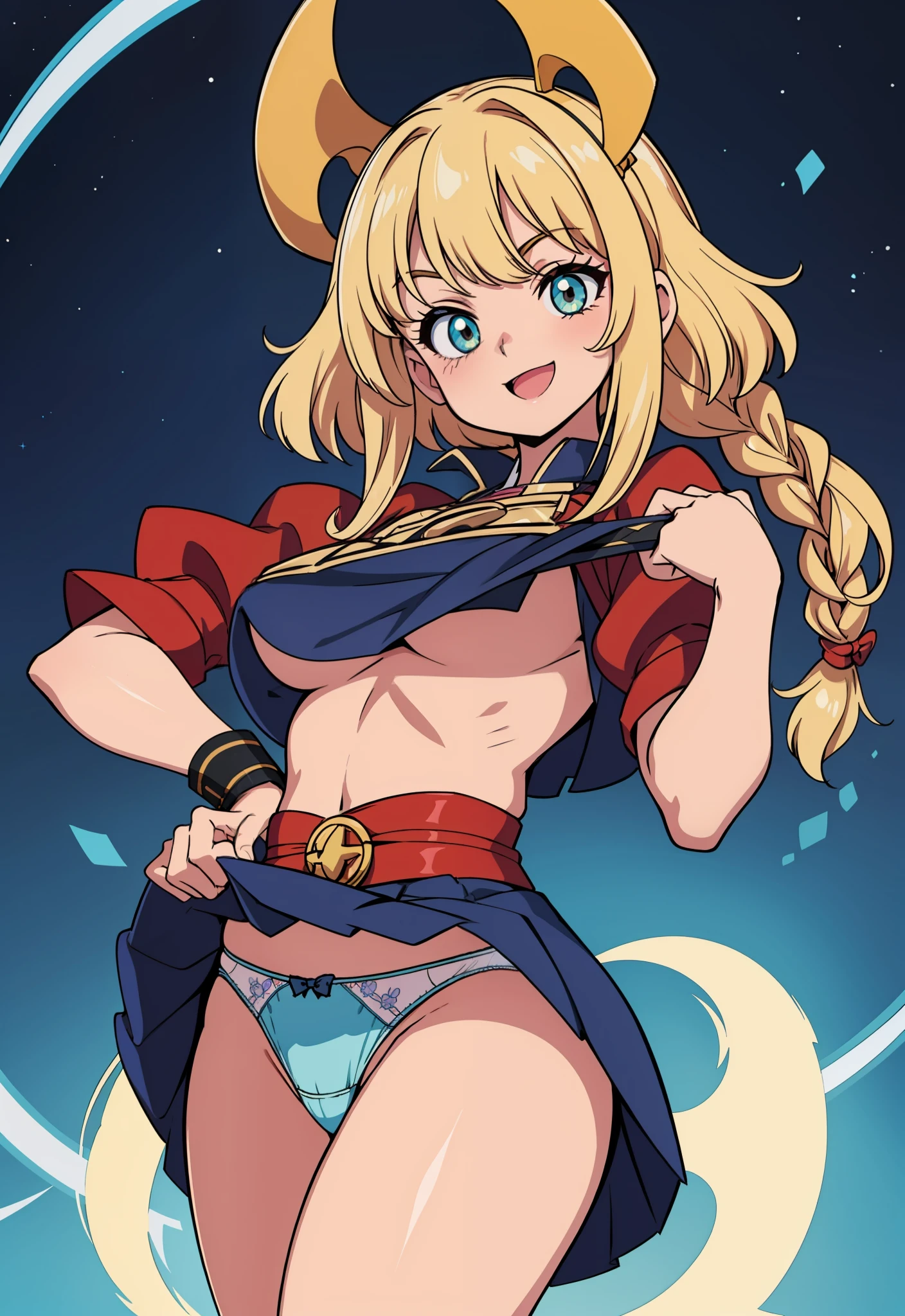 belo, obra prima, best qualidade, Rosto extremamente detalhado, na varanda, blonde hair with single braid, sorriso lascivo, boca aberta, eye level, right hand holds a sword, left hand lifting the skirt showing the panties, coxas grossa, armadura de placa completa detalhada, (panties marking the pubis: 1.5), (pata de camelo: 1.5),,,