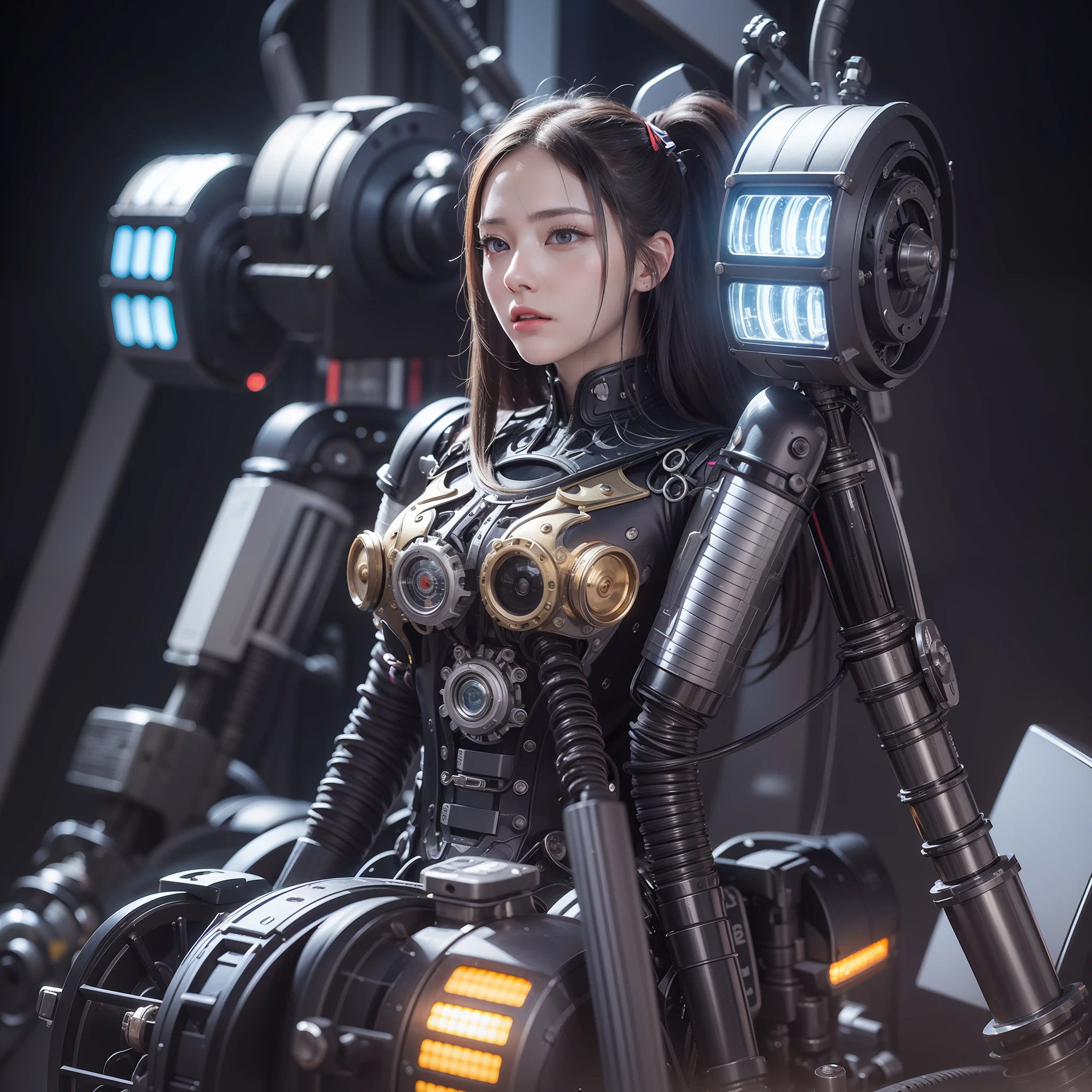 High degree of craftsmanship and quality assurance, A masterpiece from the hands of top masters, Extremely detailed and clear image resolution, Rendered with camera-like realism, Inspiration based on real photos, Depict the image of a mechanical girl, Highly realistic detail, As a commemorative image, Panorama lighting effects, Fine and accurate shadow representation, Uses advanced octane rendering techniques, 高达8K分辨率, Extremely sharp and clear lines and details, Spectacular and grand narrative, Show vivid skin details, Representation of metal materials, Fine and intricate decorative details, Steampunk-inspired detailing, Depicting vacuum tubes、Liquid tubes、oil pressure gauges、glass tubes、Simulate details such as meters, Highlight the details and movement of the gears, Performance of gold hydraulic cylinders, Highly complex and detailed depiction, Realistic and realistic lighting effects, Follow the current trend of CG technology, Bright purple eyes, The eyes glow, Face the audience's gaze, Detailed depiction of neon details, Depicting mechanized body parts, Depict blood vessels connected to the duct, Depicting a mechanized spine attached to the back, Depicting a mechanical attachment attached to the neck, Present a sitting position, Depict wires and cables connected to the head, Based on the inspiration of the Gundam mech, Depict the details of small LED luminaires