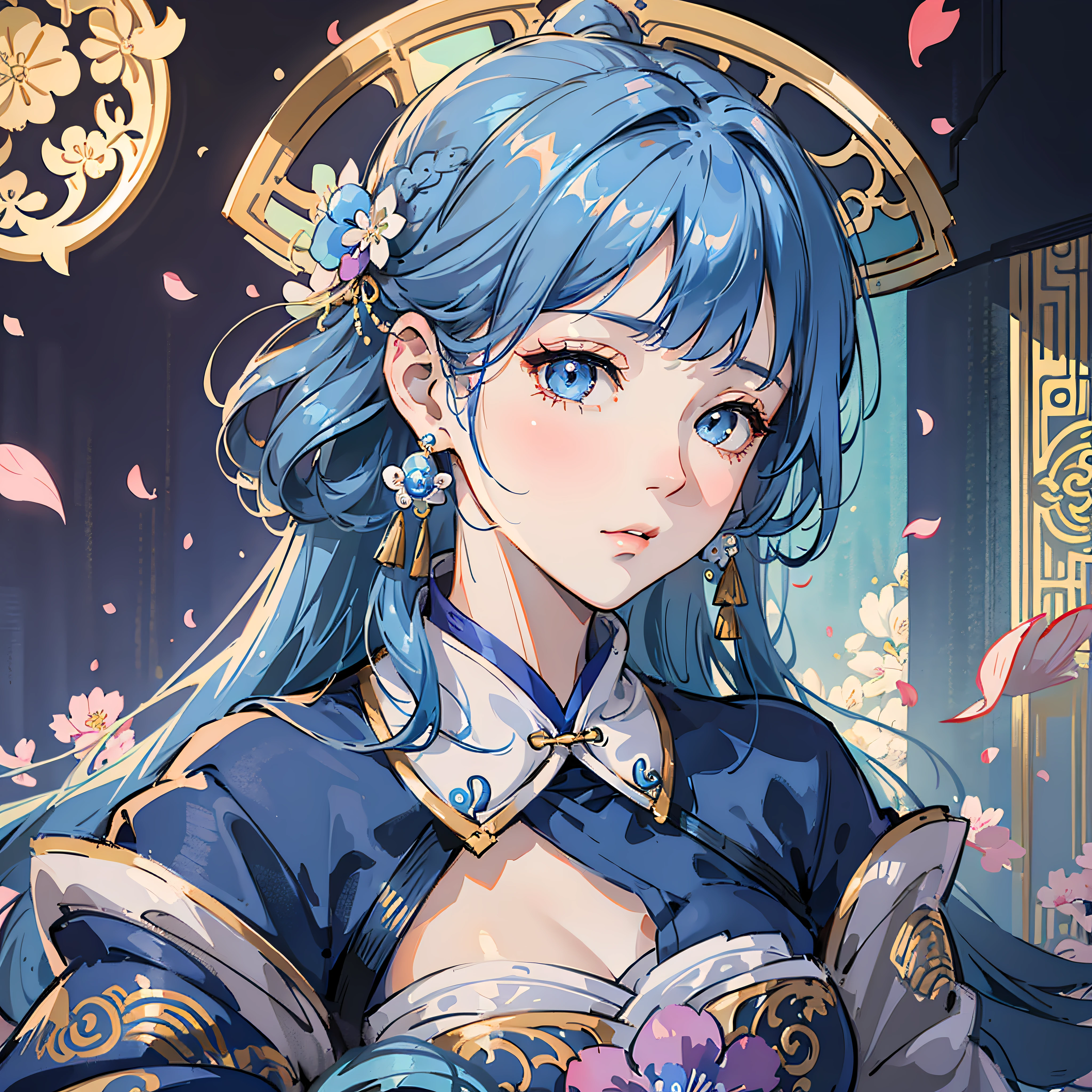 Mature girl , blue hair color with bangs, floating hair, delicate and smart eyes, intricate damask hanfu, gorgeous accessories, wearing pearl earrings, FOV, f/1.8, masterpiece, complex scene, petals flying, front portrait shot, Chang'e, side lighting --auto --s2