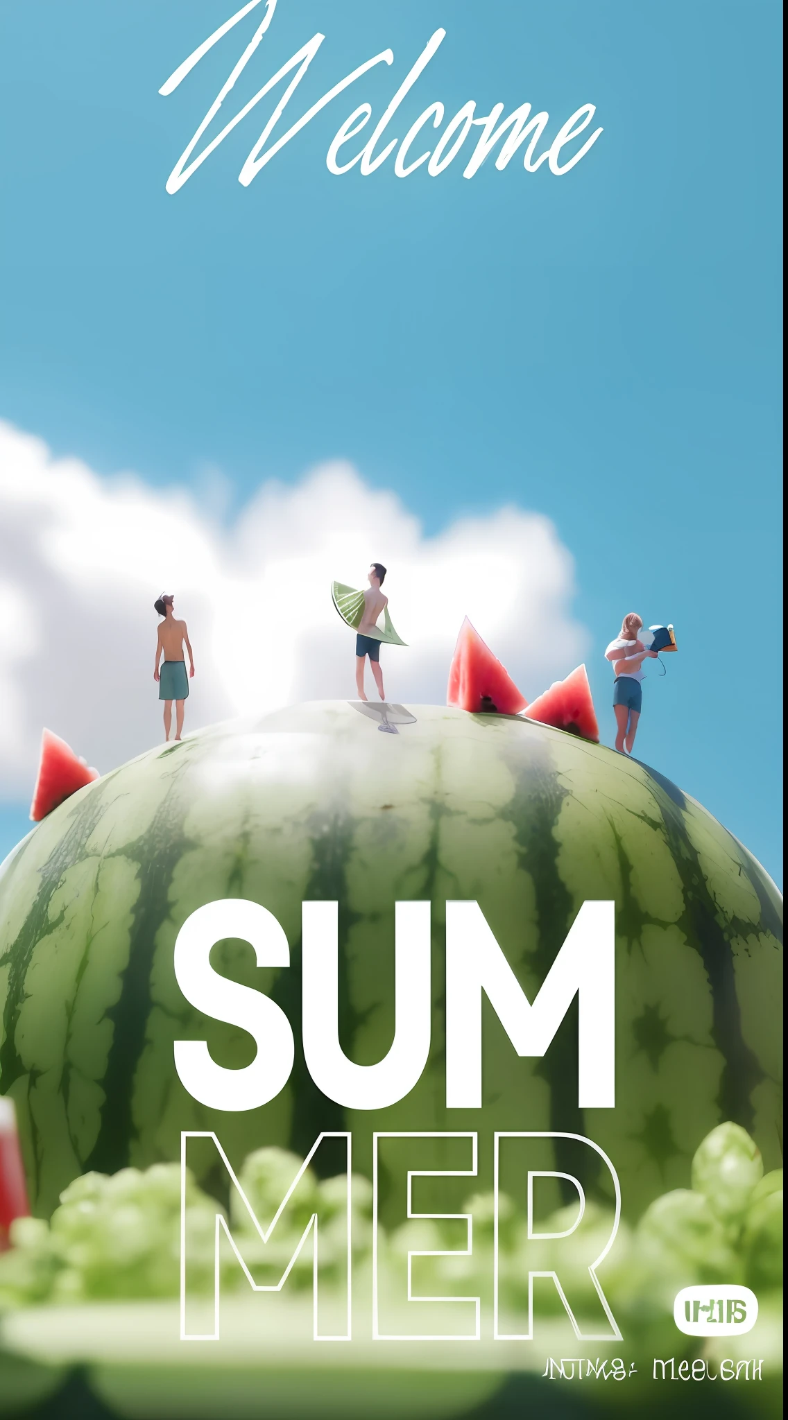 Someone standing on a watermelon in the sky background drinking, poster ; summer, summer time, summer season,, summer, summer weather, chill summer, summer unreal engine 5, summer swimming party, summer street, summer 2016, summer vibes, summer day, summer season, summer sun, Author:Joseph Simler, magical summer, summer feeling, promo poster